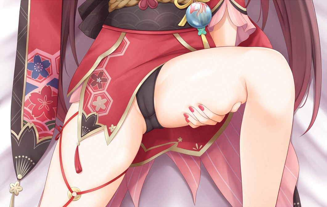 natsu (927013), sparkle (honkai: star rail), honkai: star rail, honkai (series), commentary request, 1girl, belt, black belt, black hair, black panties, dakimakura (medium), dress, feet out of frame, fingernails, floral print, flower ornament, frills, kikkoumon, long hair, lying, nail polish, o-ring, on back, on bed, panties, pink nails, red dress, rope, seigaiha, shadow, short sleeves, solo, spread legs, tassel, thighs, twintails, underwear