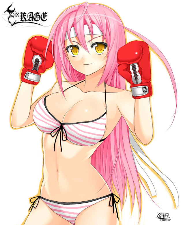 char, original, 1girl, bikini, boxing gloves, breasts, female focus, front-tie top, headband, large breasts, long hair, navel, pink bikini, pink hair, side-tie bikini bottom, smile, solo, striped bikini, striped clothes, swimsuit, yellow eyes