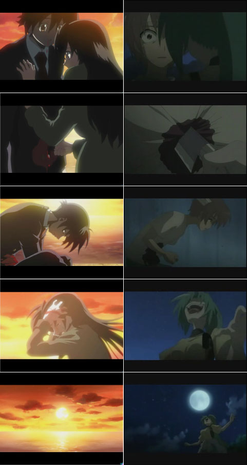 itou makoto (school days), maebara keiichi, saionji sekai, sonozaki shion, higurashi no naku koro ni, school days, anime screenshot, spoilers, 00s, 2boys, 2girls, blood, comparison, dark, death, dying, evening, multiple boys, multiple girls, sad, sunset, yandere