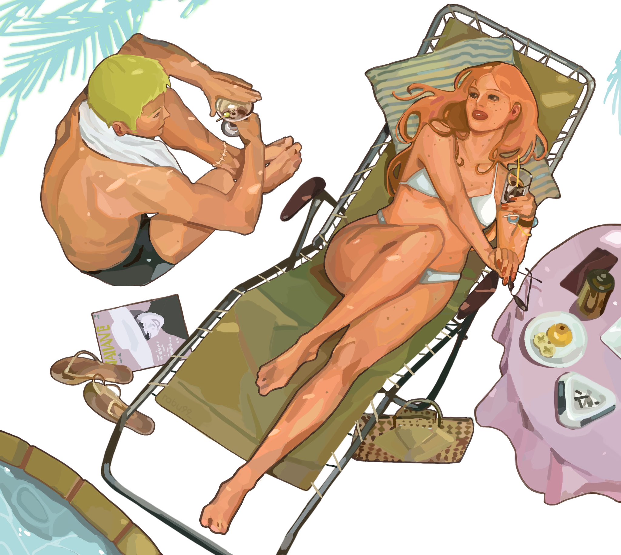 nami (one piece), roronoa zoro, one piece, hashtag-only commentary, highres, 1boy, 1girl, bikini, body freckles, cup, freckles, from above, full body, green hair, holding, holding cup, holding removed eyewear, long hair, orange hair, rabu99, red lips, shorts, sitting, stitched leg, stitches, swimsuit, unworn eyewear, white bikini