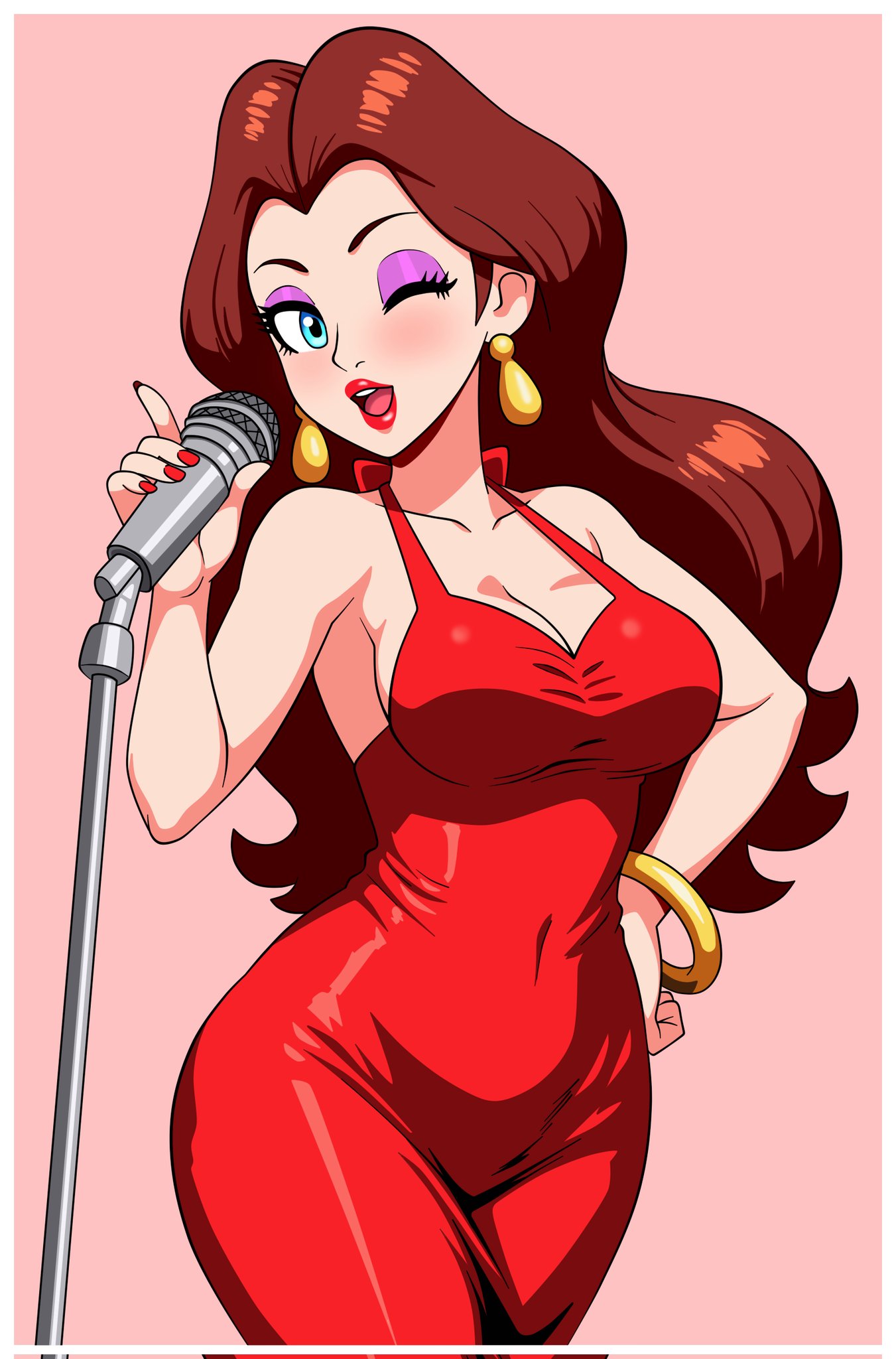 mcarthur1010, pauline (mario), donkey kong (series), mario (series), nintendo, super mario odyssey, commentary, english commentary, highres, 1girl, bare shoulders, blue eyes, blush, breasts, brown hair, cleavage, covered navel, dress, earrings, eyeshadow, floating earrings, gold earrings, holding, holding microphone, jewelry, large breasts, lipstick, long hair, looking at viewer, makeup, microphone, microphone stand, one eye closed, open mouth, purple eyeshadow, red dress, red lips, simple background, smile, solo, taut clothes, taut dress, wavy hair