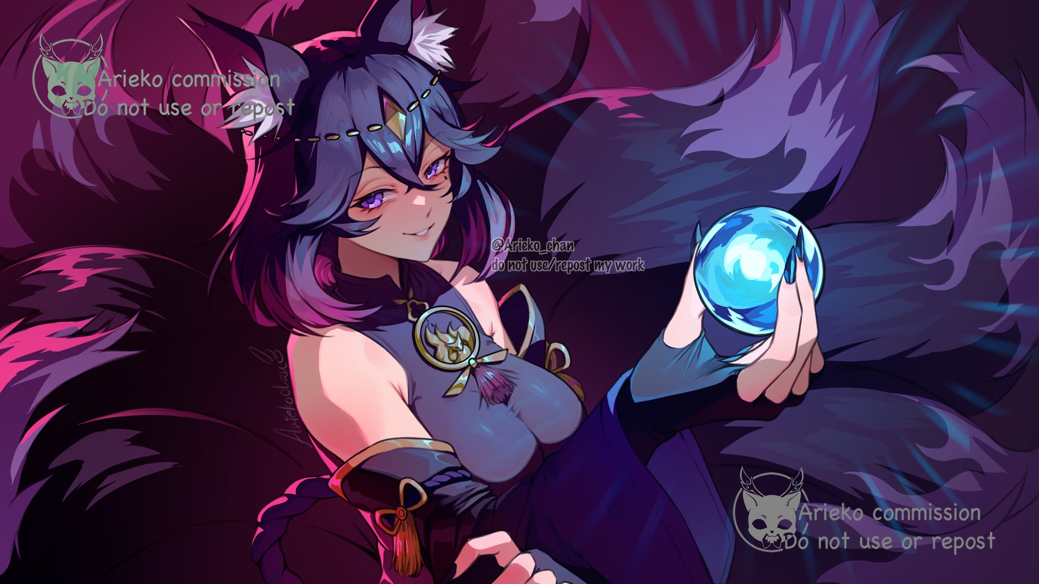 ariekochan, original, commission, highres, 1girl, animal ear fluff, animal ears, blush, breasts, circlet, dress, fingerless gloves, gloves, hair ornament, holding, holding orb, jewelry, large breasts, long hair, looking at viewer, mole, mole under eye, multiple tails, parted lips, pendant, purple dress, purple eyes, purple hair, sleeveless, sleeveless dress, smile, solo, tail