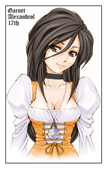 garnet til alexandros xvii, final fantasy, final fantasy ix, tagme, 00s, breasts, cleavage, cowboy shot, jewelry, long hair, necklace, solo, very long hair, white background