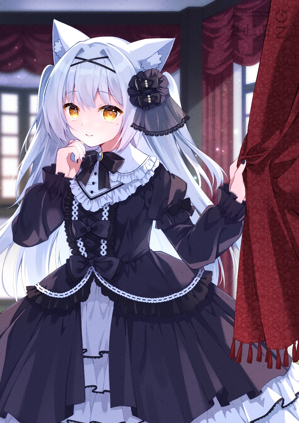 purinpurin, original, commentary, commission, highres, skeb commission, 1girl, animal ear fluff, animal ears, backlighting, black bow, black bowtie, black dress, black nails, borrowed character, bow, bowtie, cat ears, cat girl, center frills, clenched hand, closed mouth, collar, curtain grab, curtains, day, dress, dress bow, feet out of frame, frilled collar, frilled dress, frilled sleeves, frills, gothic lolita, grey hair, hair between eyes, hair bow, hair intakes, hair ornament, hands up, indoors, juliet sleeves, lolita fashion, long dress, long hair, long sleeves, looking at viewer, mole, mole under eye, nail polish, puffy long sleeves, puffy sleeves, sidelocks, sleeve bow, smile, solo, standing, straight hair, two-tone dress, two side up, very long hair, white dress, window, x hair ornament, yellow eyes, yellow pupils