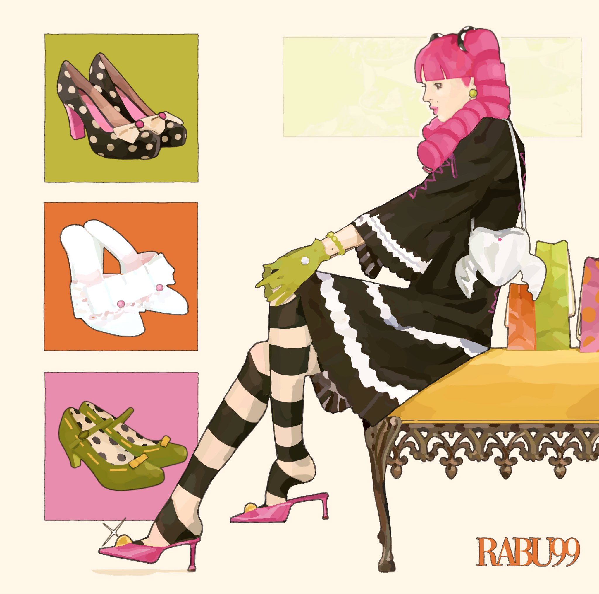 perona, one piece, hashtag-only commentary, highres, 1girl, artist name, bag, black dress, blunt bangs, dress, drill hair, earrings, full body, glint, gloves, green gloves, green shoes, handbag, high heels, jewelry, mole, pantyhose, pearl earrings, pink hair, pink lips, pink shoes, profile, rabu99, shoes, sitting, solo, striped clothes, striped pantyhose, twin drills, white shoes