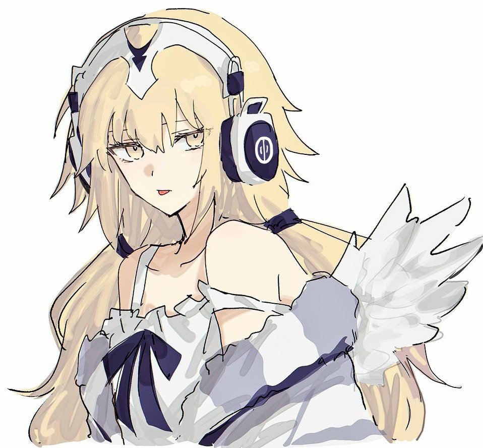 nekwnek, jeanne d'arc (fate), metatron jeanne (fate), metatron jeanne (second ascension) (fate), fate/grand order, fate (series), commentary request, 1girl, angel wings, bare shoulders, blonde hair, dress, feathered wings, grey background, headphones, long hair, looking at viewer, off shoulder, simple background, solo, tongue, tongue out, very long hair, white dress, white wings, wings, yellow eyes