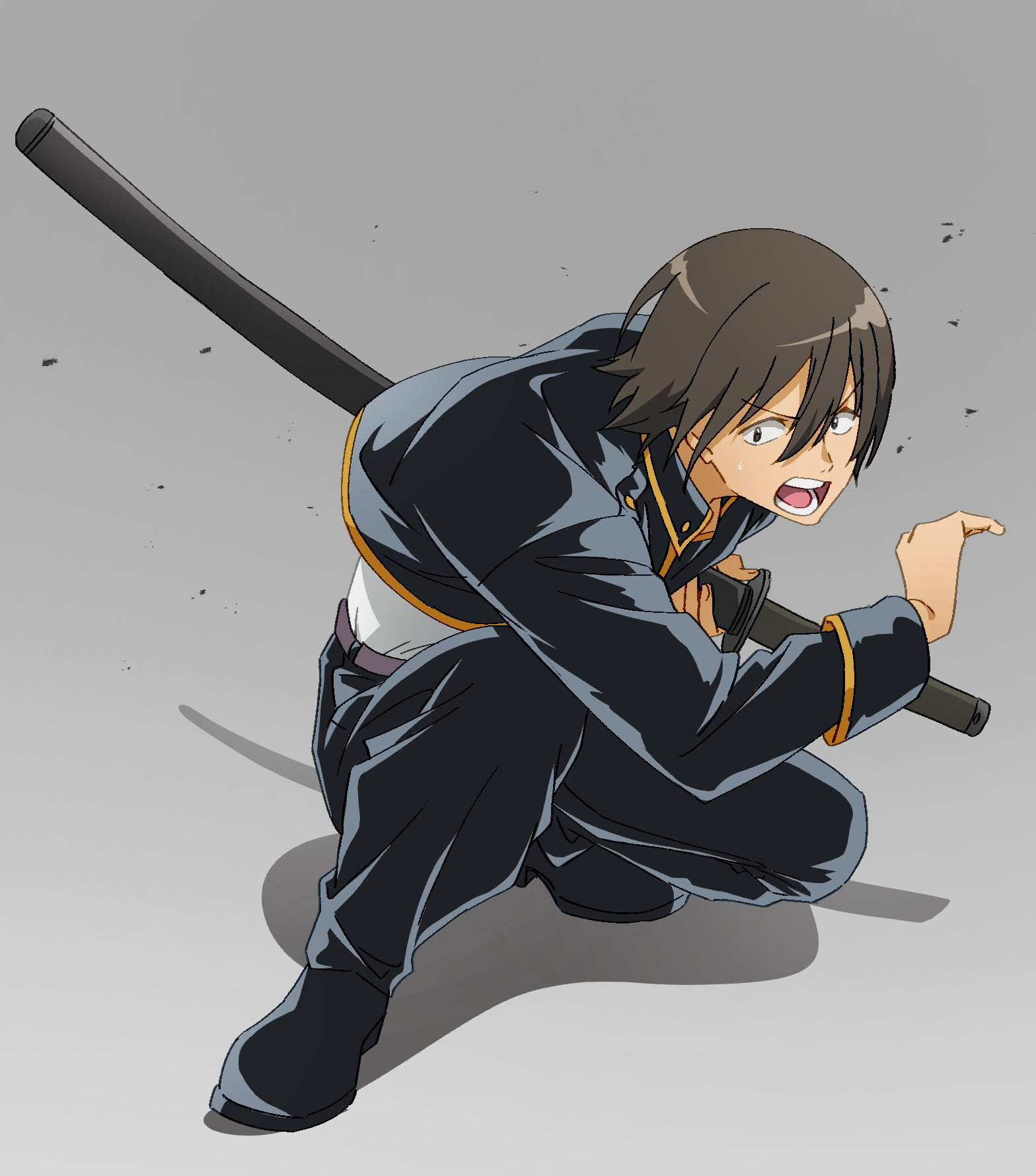 yamazaki sagaru, gintama, commentary request, highres, 1boy, black eyes, black jacket, black pants, black shoes, brown hair, fighting stance, full body, grey background, hair between eyes, holding, holding sword, holding weapon, jacket, katana, long sleeves, male focus, momochi boo, open mouth, pants, ready to draw, scabbard, school uniform, sheath, sheathed, shinsengumi (gintama), shirt, shoes, solo, squatting, sweat, sword, teeth, tongue, weapon, white shirt