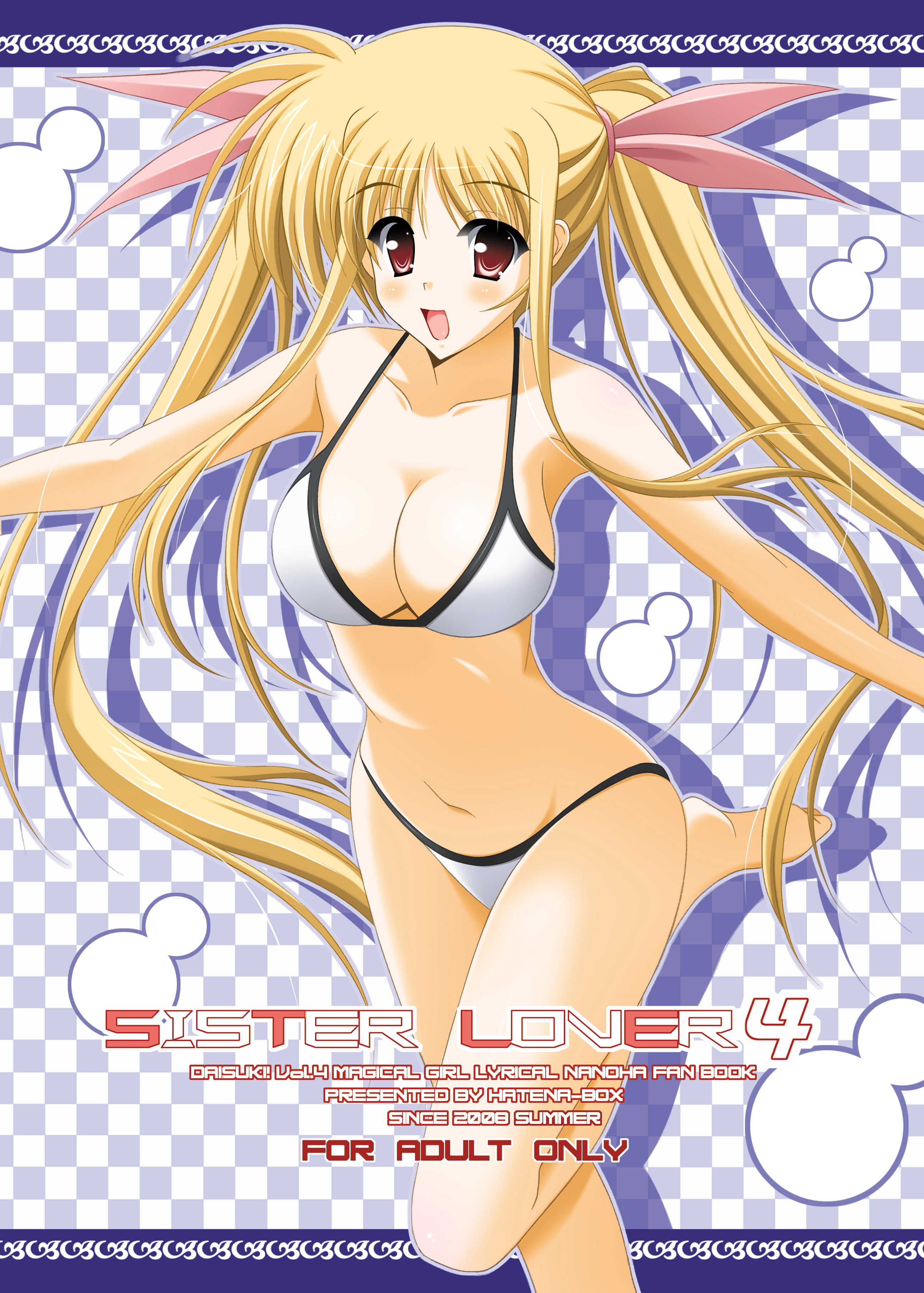oda ken'ichi, fate testarossa, lyrical nanoha, mahou shoujo lyrical nanoha, mahou shoujo lyrical nanoha strikers, absurdres, highres, 00s, bikini, blonde hair, blush, breasts, cleavage, large breasts, leaning forward, long hair, red eyes, solo, swimsuit, twintails, white bikini