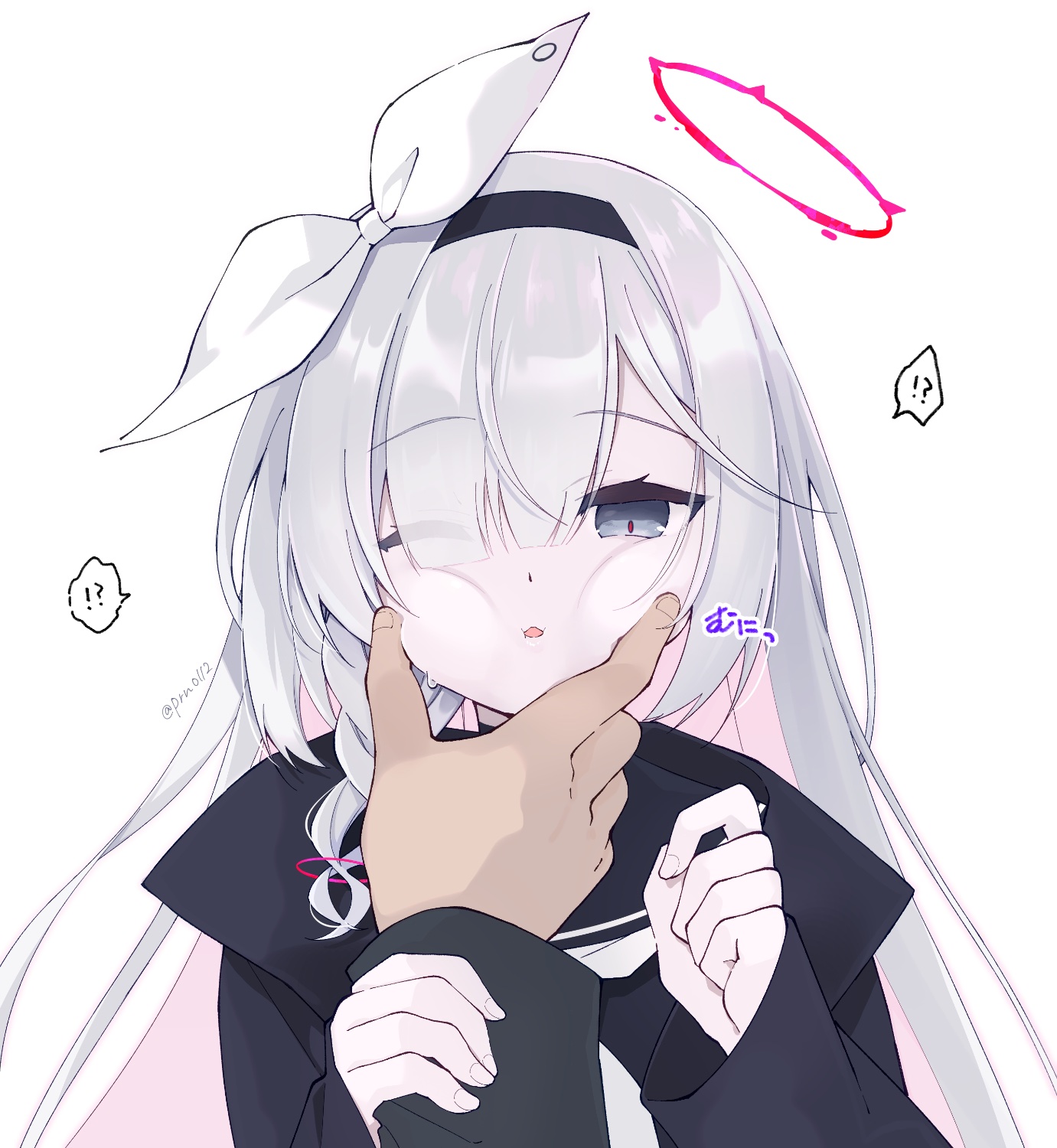 purinpurin, plana (blue archive), sensei (blue archive), blue archive, commentary, highres, !?, 1girl, 1other, black coat, black hairband, black sailor collar, black shirt, braid, cheek squash, coat, colored inner hair, eyelashes, grabbing another's arm, grabbing another's face, grey eyes, hair over one eye, hairband, halo, hands up, head grab, holding another's wrist, long hair, long sleeves, looking at viewer, multicolored hair, neckerchief, one eye closed, pale skin, parted lips, pink hair, pov, pov hands, puffy cheeks, red halo, red pupils, ribbon, sailor collar, school uniform, serafuku, shirt, sidelocks, simple background, sound effects, speech bubble, sweatdrop, twitter username, two-tone hair, upper body, white background, white hair, white neckerchief, white ribbon