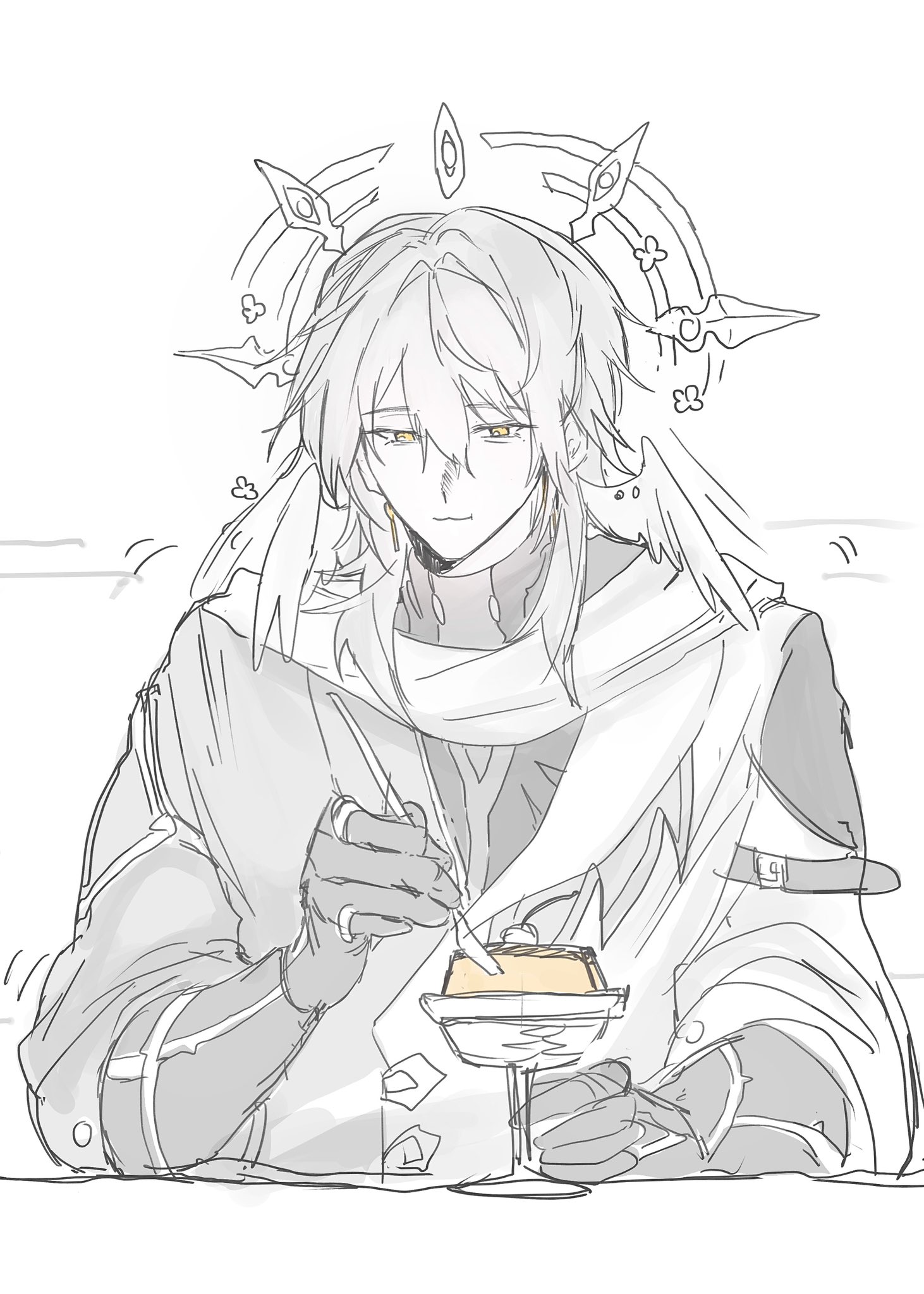 sunday (honkai: star rail), honkai: star rail, honkai (series), commentary, highres, symbol-only commentary, 1boy, closed mouth, couch, earrings, eating, feathered wings, food, glass, gloves, gold earrings, greyscale, hair between eyes, halo, halo behind head, hand up, head wings, holding, holding spoon, jacket, jewelry, looking at food, looking down, male focus, monochrome, multicolored jacket, multiple rings, on couch, piercing, pudding, ring, scarf, seniu872, shirt, short hair, sidelocks, simple background, sitting, smile, solo, spoon, table, two-tone jacket, wing piercing, wings