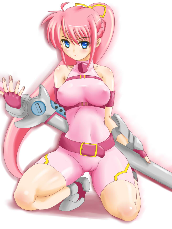 ginjyasei, laevatein (nanoha), signum, lyrical nanoha, mahou shoujo lyrical nanoha, mahou shoujo lyrical nanoha a's, 00s, 1girl, alternate weapon, belt, blue eyes, blush, bodysuit, breasts, cameltoe, covered erect nipples, female focus, fingerless gloves, gloves, kneeling, large breasts, long hair, pink hair, ponytail, skin tight, solo, sword, very long hair, weapon, whip sword