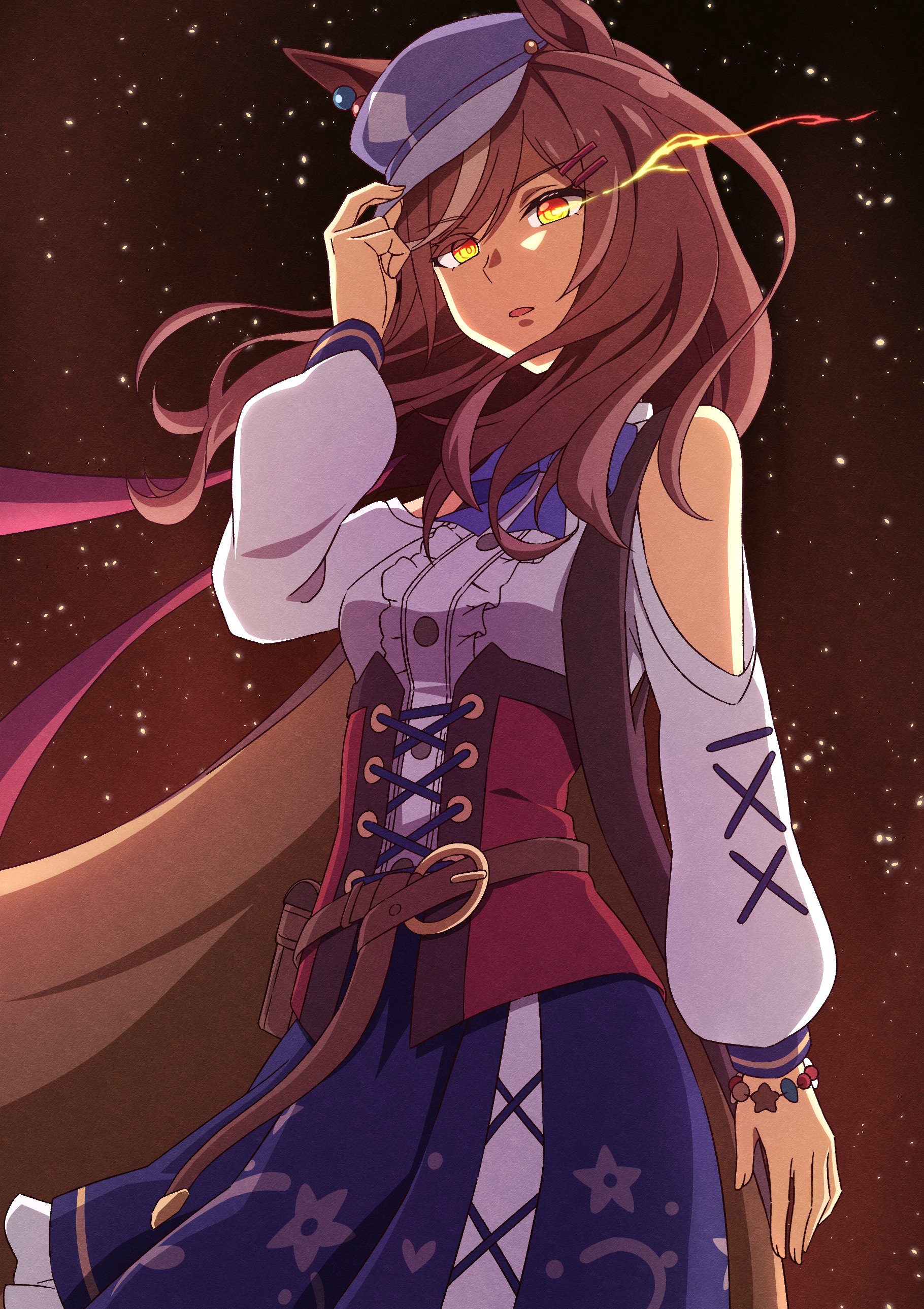 masaki (masaki 470), matikanetannhauser (umamusume), umamusume, absurdres, highres, 1girl, animal ears, belt bag, blue hat, blue skirt, bow, breasts, brown hair, cape, center frills, clothing cutout, corset, ear ornament, ears through headwear, frills, glowing, glowing eyes, hair ornament, hairclip, hat, horse ears, horse girl, long sleeves, looking at viewer, matikanetannhauser (panpaka tiltott) (umamusume), medium hair, multicolored hair, newsboy cap, parted lips, red corset, shirt, shoulder cutout, skirt, solo, streaked hair, tilted headwear, white shirt, yellow eyes