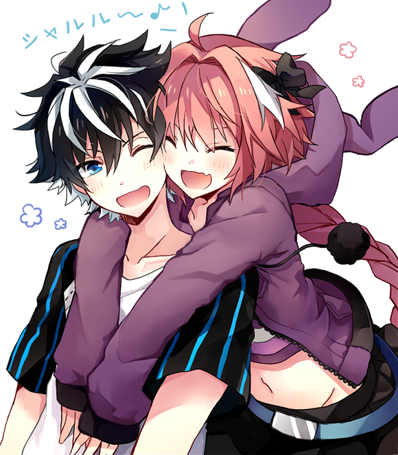 yimu, astolfo (fate), astolfo (memories at trifas) (fate), charlemagne (fate), fate/apocrypha, fate/grand order, fate (series), 2boys, animal hood, black hair, blush, braid, closed eyes, groin, hood, hug, jacket, long hair, male focus, multicolored hair, multiple boys, navel, one eye closed, open mouth, pink hair, pom pom (clothes), purple jacket, rabbit hood, shirt, short hair, smile, streaked hair, t-shirt, trap, upper body