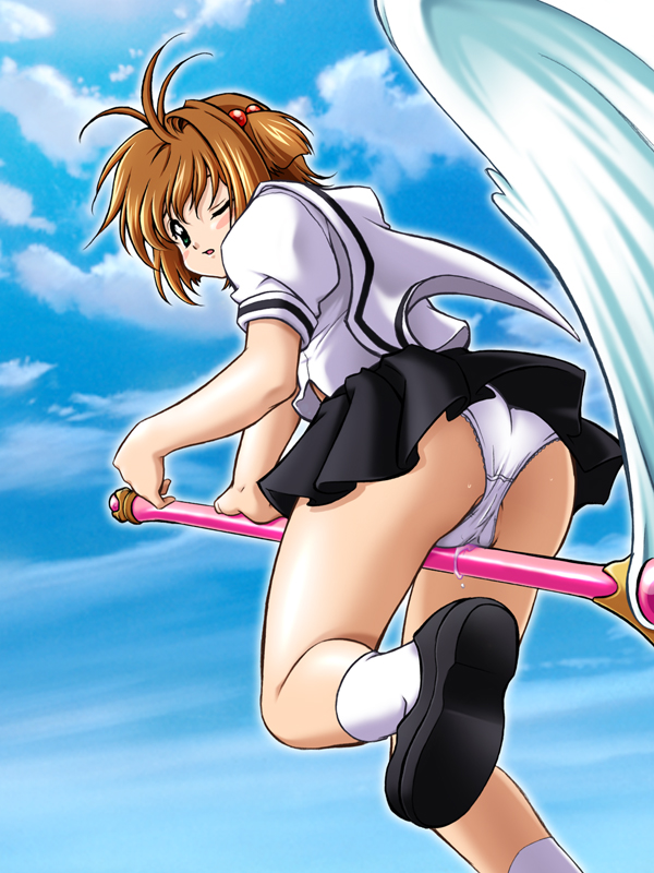 d-ten, kinomoto sakura, cardcaptor sakura, 1girl, ass, crotch rub, day, female focus, loli, one eye closed, outdoors, panties, pussy juice, school uniform, serafuku, skirt, socks, solo, tomoeda middle school uniform, underwear, white socks, wink