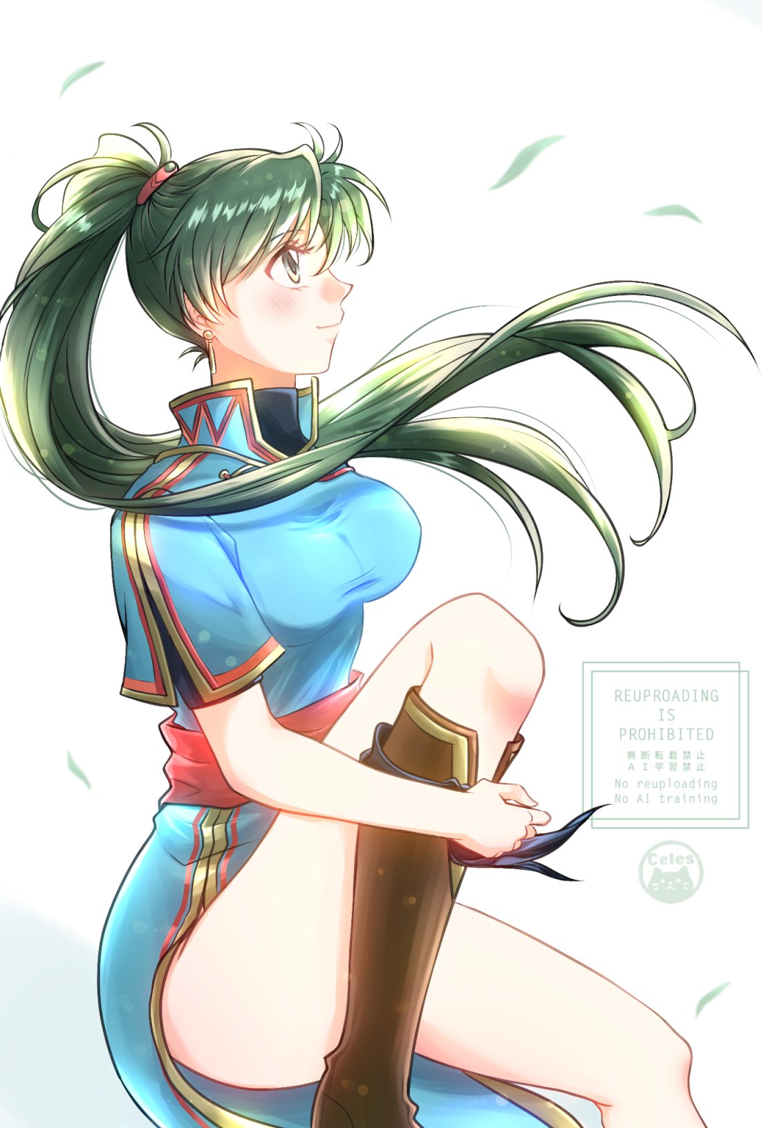 lyn (fire emblem), fire emblem, fire emblem: the blazing blade, nintendo, highres, 1girl, blue dress, blush, boots, breasts, brown boots, cf wing, closed mouth, dress, earrings, from side, green eyes, green hair, high ponytail, jewelry, knee boots, leaf, long hair, medium breasts, ponytail, short sleeves, side slit, simple background, smile, solo, thighs, very long hair