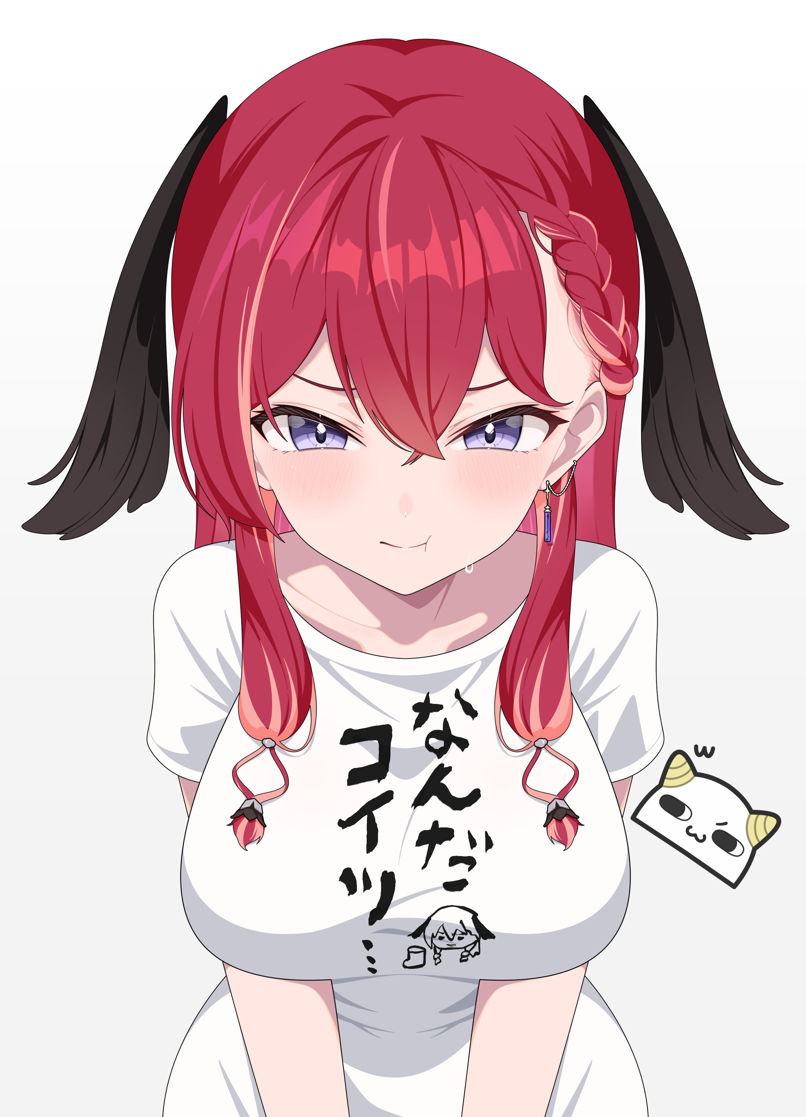 omas lie, konkon aria, neo-porte, absurdres, highres, 1girl, :t, black wings, blush, braid, breasts, chibi, clothes writing, ear chain, hair between eyes, head wings, large breasts, linked piercing, long hair, looking at viewer, piercing, purple eyes, red hair, shirt, short sleeves, sidelocks, sweat, t-shirt, tented shirt, upper body, virtual youtuber, white shirt, wings