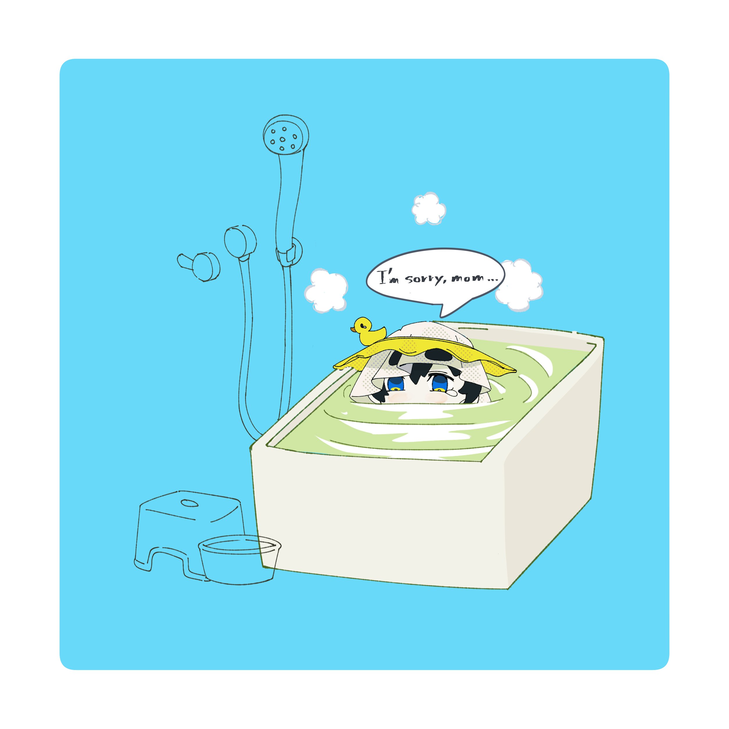 senri (hrydy o), original, absurdres, highres, 1girl, bath stool, bathing, bathtub, black hair, blue background, blue eyes, border, english text, partially submerged, rubber duck, shower cap, shower head, solo, speech bubble, stool, white border