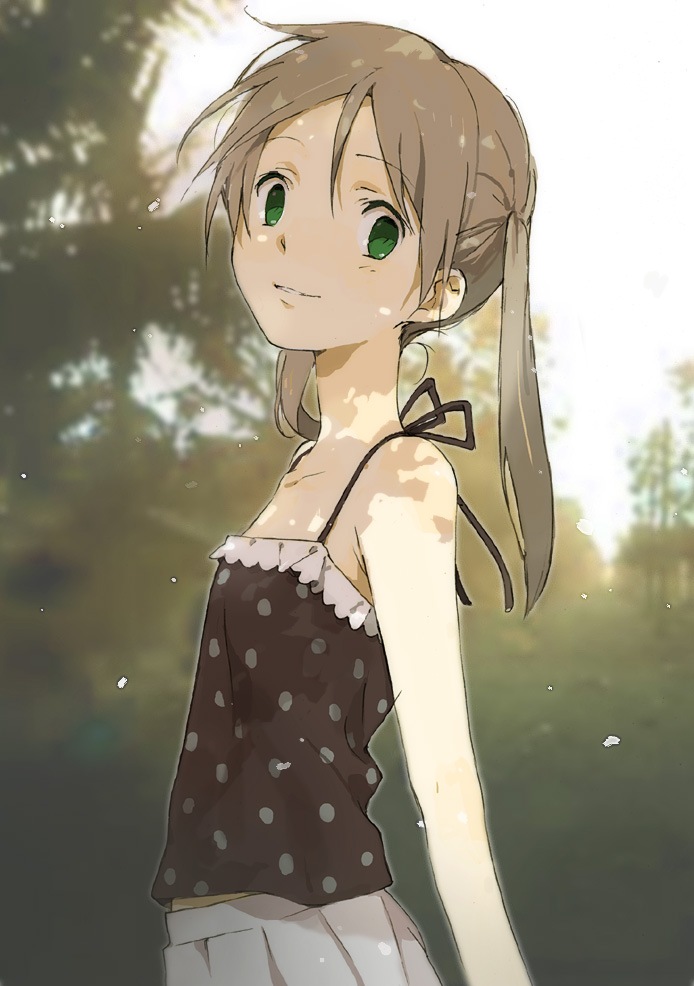 kiikanna, maka albarn, soul eater, bad id, bad pixiv id, 00s, 1girl, blurry, camisole, casual, depth of field, female focus, flat chest, from side, green eyes, nature, outdoors, smile, solo, twintails