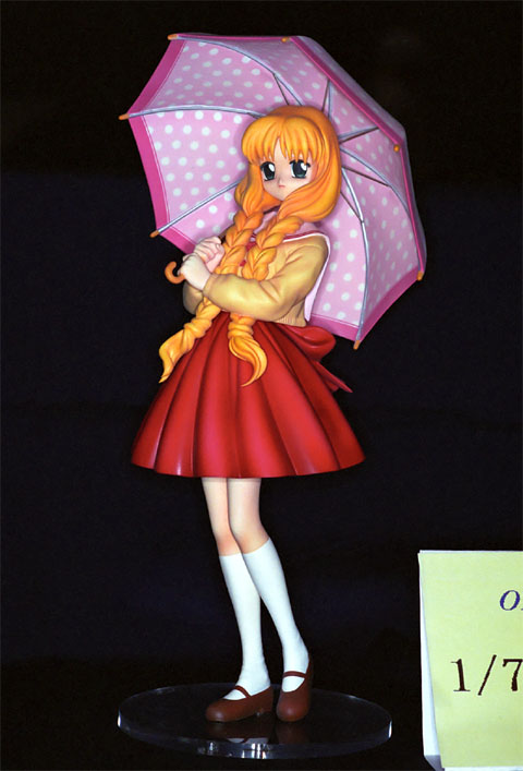 satomura akane, one – kagayaku kisetsu e, photo (medium), 00s, 1girl, akane satomura, blonde hair, blue eyes, braid, female focus, figure, figure (medium), orange hair, pvc, pvc figure, red skirt, school uniform, serafuku, skirt, solo, twin braids, umbrella, weighing scale
