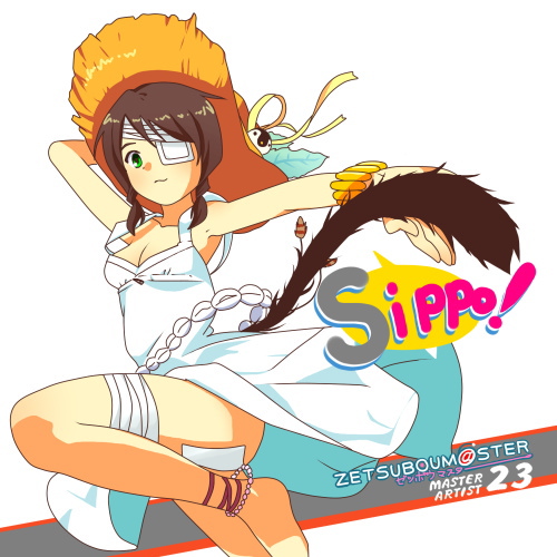 kobushi abiru, sayonara zetsubou sensei, lowres, 00s, anklet, bandage over one eye, bandages, black hair, braid, dress, eyepatch, hat, jewelry, solo, sundress, tail