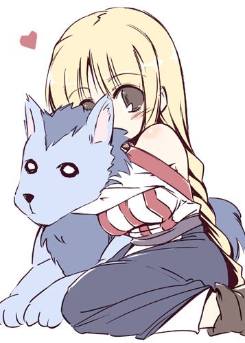 tokyo (great akuta), lieza (arc the lad), paundit, arc the lad, arc the lad i, lowres, 1boy, 1girl, animal, bare shoulders, blonde hair, hug, long hair, wolf