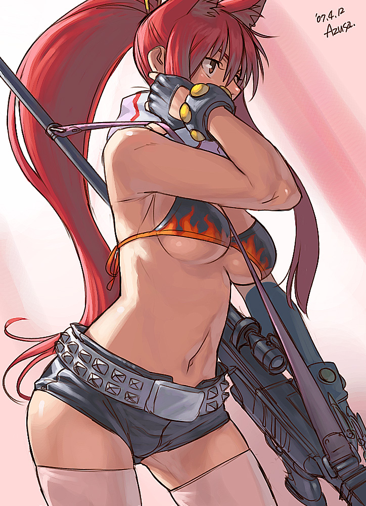 azusa (hws), yoko littner, tengen toppa gurren lagann, 00s, 1girl, animal ear fluff, animal ears, anti-materiel rifle, belt, bikini, bikini top only, breasts, dated, female focus, fingerless gloves, gloves, gun, long hair, pink thighhighs, ponytail, red hair, rifle, scarf, short shorts, shorts, sniper rifle, solo, striped clothes, striped scarf, swimsuit, thighhighs, underboob, very long hair, weapon, zettai ryouiki