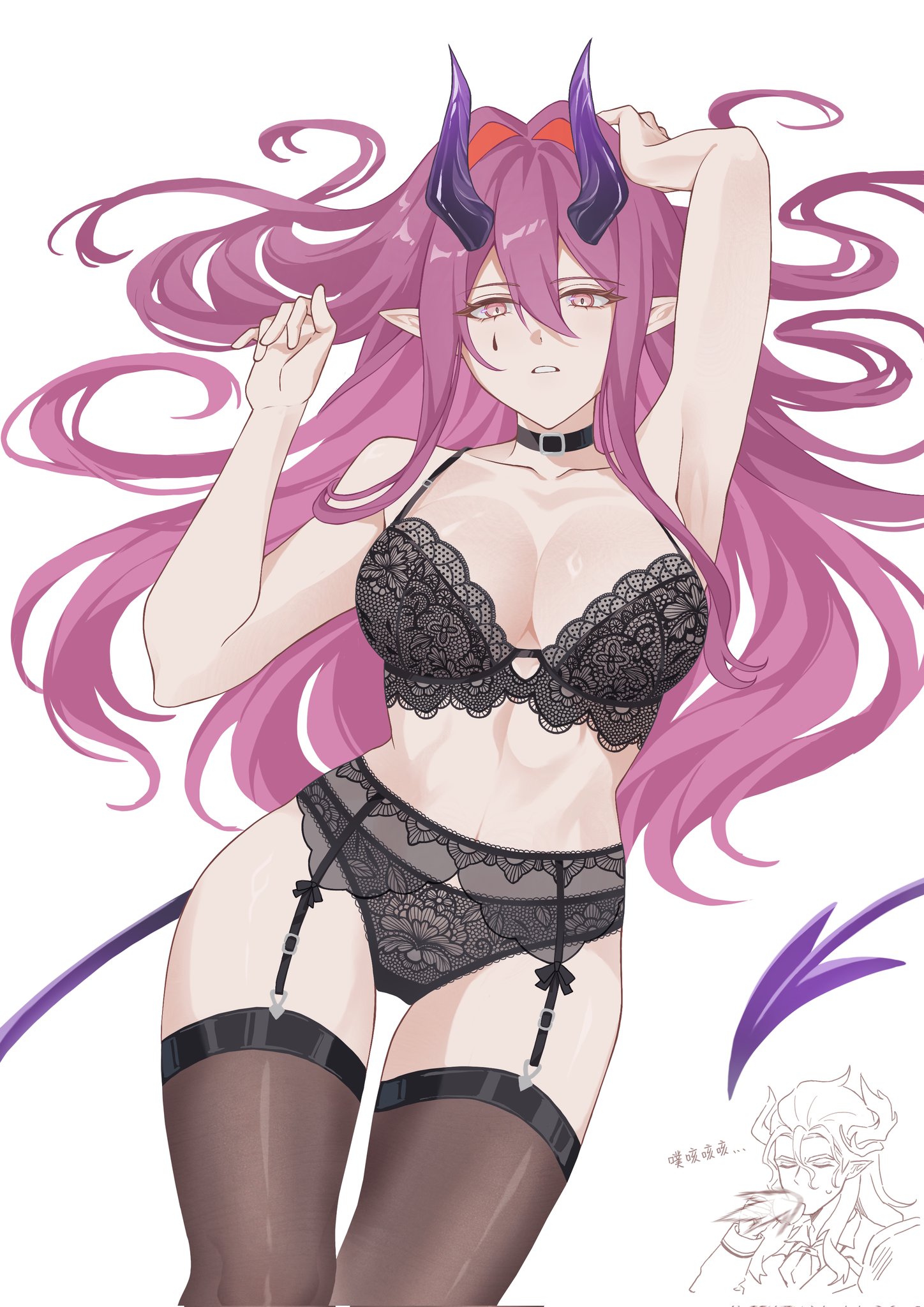 amo20839453, ascalon (arknights), arknights, chinese commentary, commentary request, corrupted twitter file, highres, 1girl, arm up, black bra, black choker, black panties, bra, breasts, brown thighhighs, choker, cleavage, collarbone, garter belt, hair between eyes, hair intakes, hand on own head, hand up, horns, lace, lace bra, lace panties, large breasts, long hair, panties, parted lips, pink eyes, pink hair, pointy ears, purple horns, purple tail, simple background, solo, tail, thigh gap, thighhighs, underwear, white background