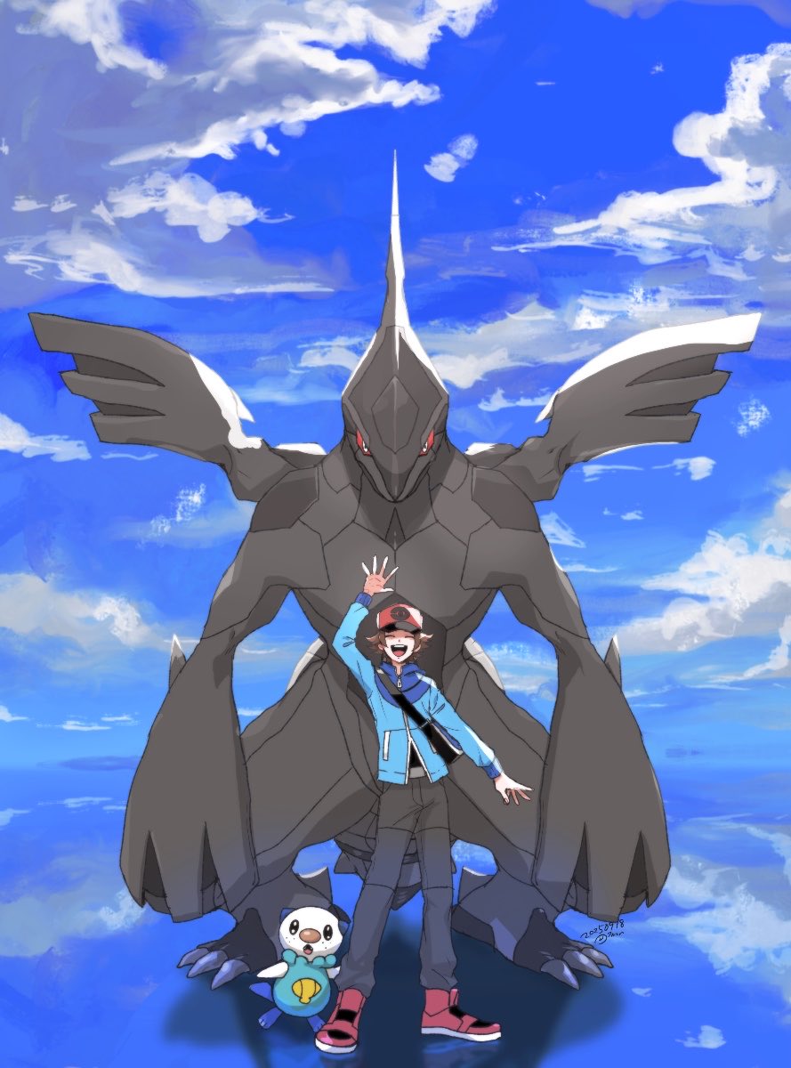 nanaban zenryoku, hilbert (pokemon), oshawott, zekrom, nintendo, pokemon, pokemon bw, highres, 1boy, bag, baseball cap, blue jacket, blue sky, brown hair, closed eyes, cloud, colored sclera, dragon, gen 5 pokemon, hat, jacket, legendary pokemon, long sleeves, looking at viewer, open mouth, pants, pokemon (creature), red eyes, red sclera, short hair, shoulder bag, sky, smile, teeth, upper teeth only, zipper pull tab