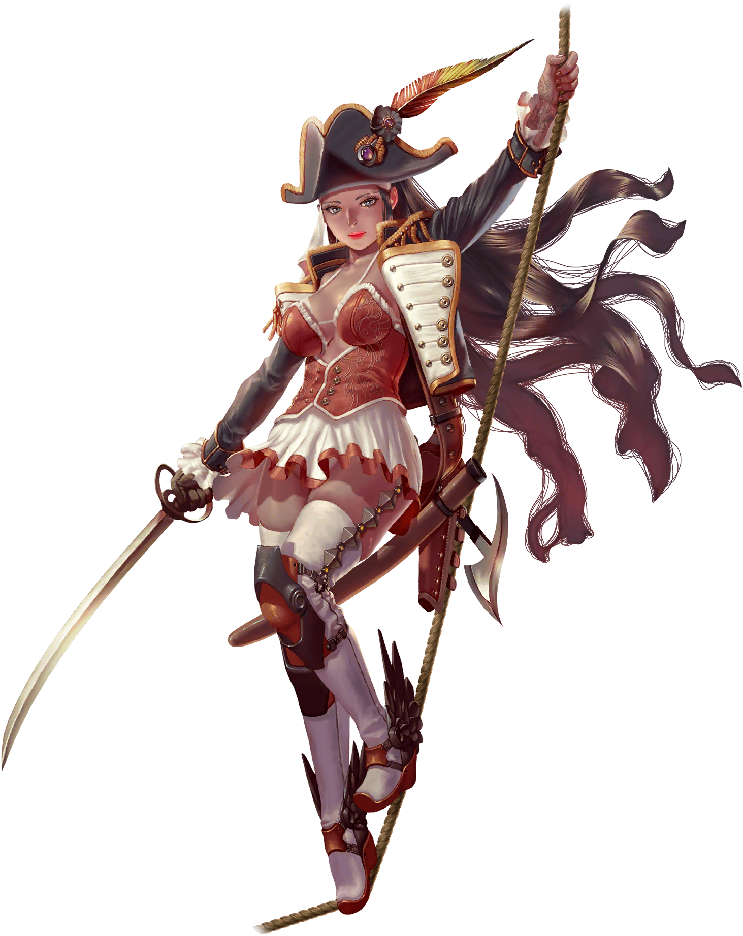 crystal maiden (series), artist request, bad source, game cg, highres, official art, third-party source, variant set, 1girl, arm tattoo, breasts, brown hair, buttons, cleavage, dark skin, full body, gloves, hat, hat feather, holding, holding rope, holding sword, holding weapon, jackie (crystal maidens), long hair, long sleeves, pirate hat, rope, scabbard, sheath, shoes, skirt, solo, sword, tattoo, transparent background, weapon, winged shoes, wings