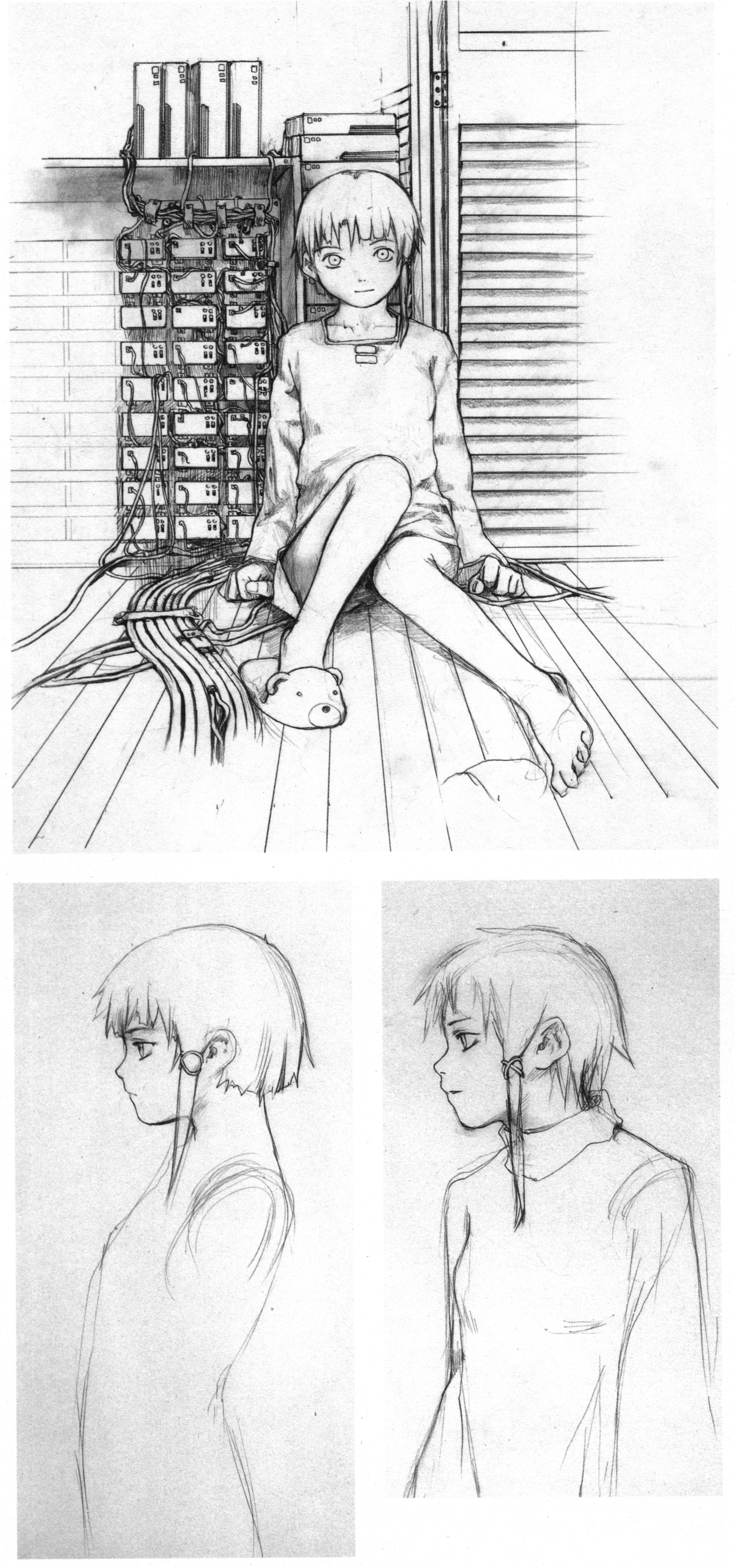 abe yoshitoshi, iwakura lain, serial experiments lain, absurdres, artbook, highres, official art, scan, traditional media, 1990s (style), 1girl, cowboy shot, female focus, full body, greyscale, hair ornament, hairclip, monochrome, multiple views, sitting, standing