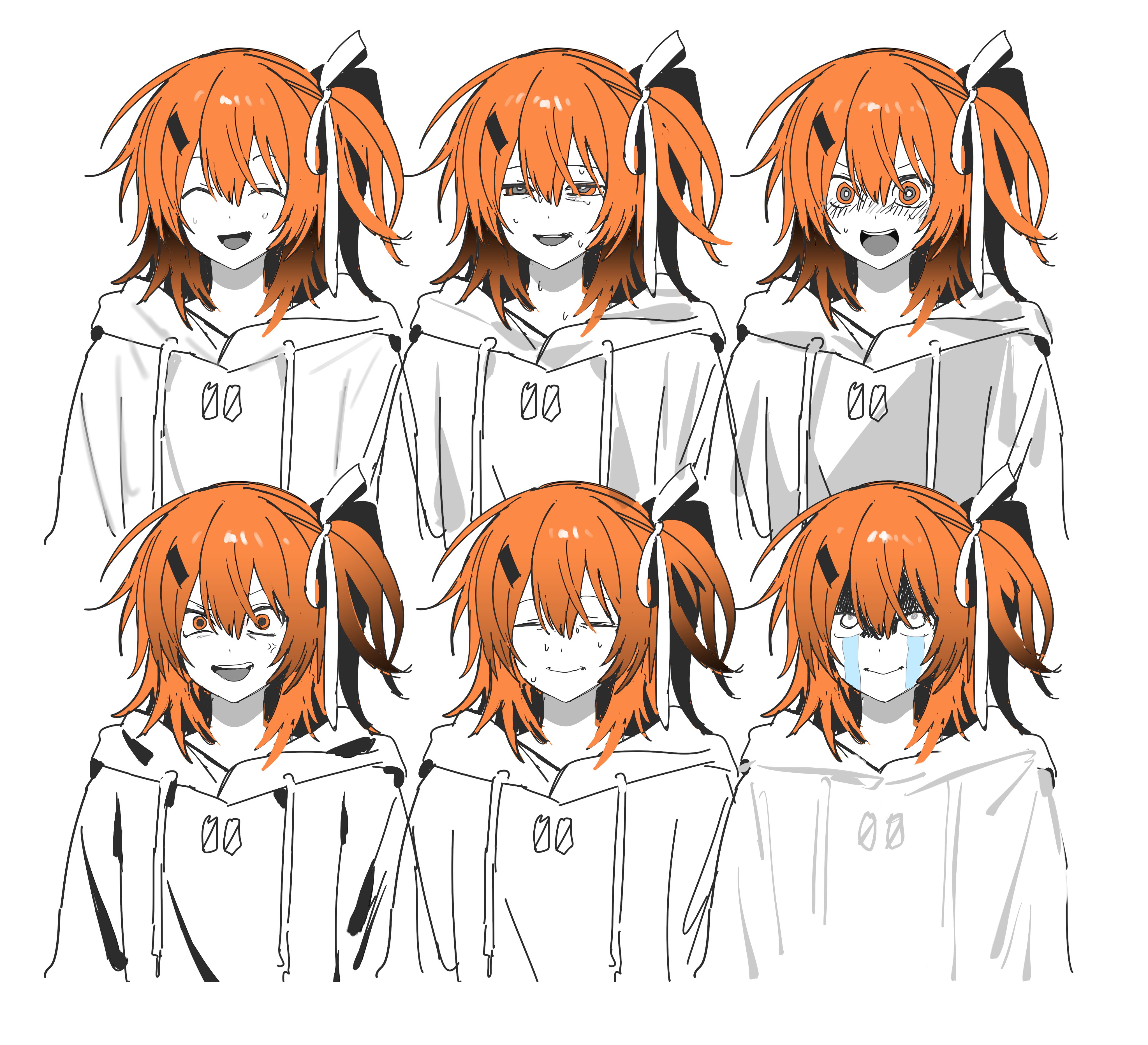 natwjeq, adachi rei, a.i. voice, utau, absurdres, highres, 1girl, alternate costume, anger vein, angry, blush, cropped torso, crying, crying with eyes open, despair, excited, forced smile, guzu (voisona), hair ribbon, half-closed eyes, hood, hood down, hoodie, long sleeves, looking at viewer, medium hair, multiple expressions, multiple views, nervous smile, nervous sweating, one side up, open mouth, orange eyes, orange hair, partially colored, ribbon, rolling eyes, shaded face, simple background, smile, smirk, streaming tears, sweat, tears, v-shaped eyebrows, variations