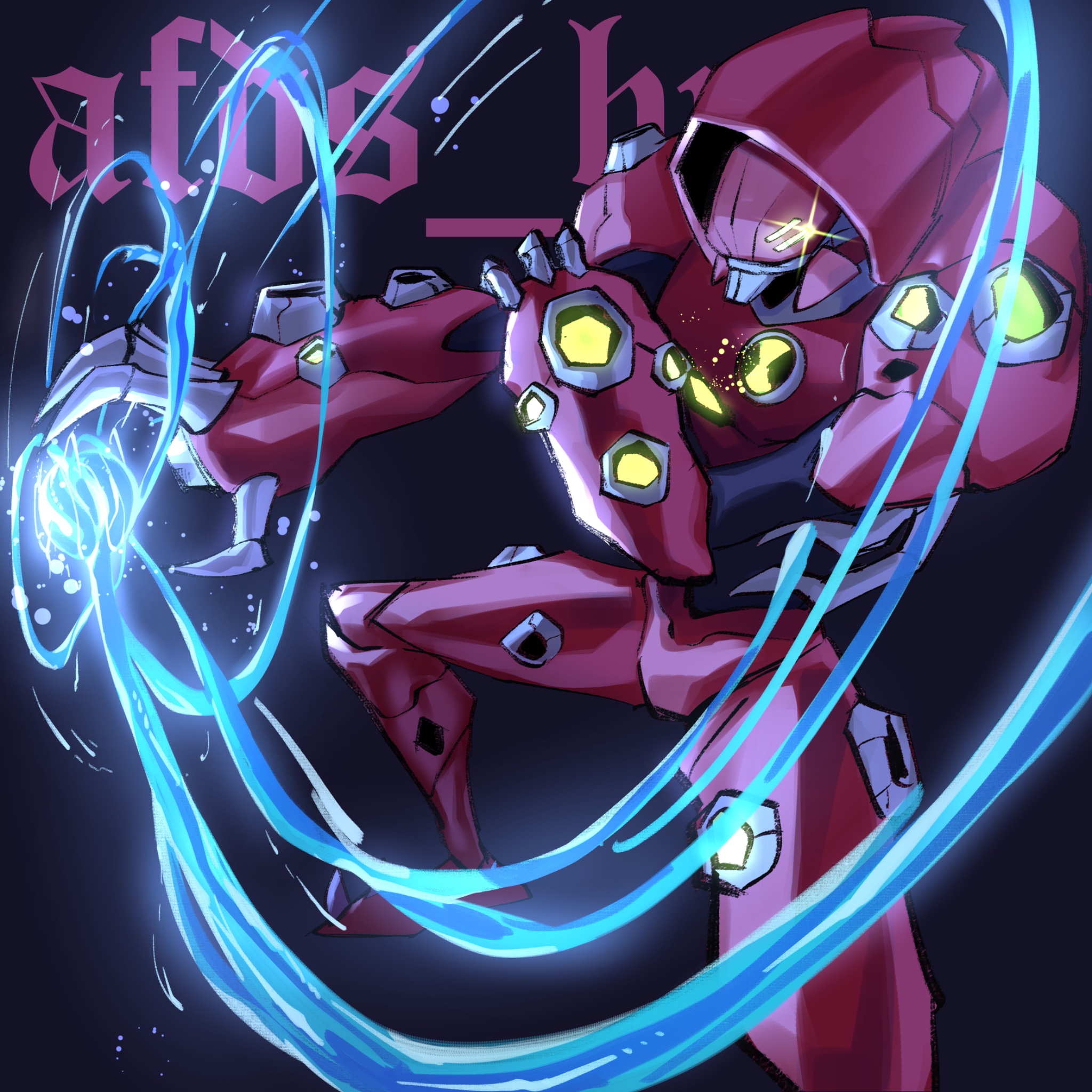 afdsbm, ben 10, ben 10: omniverse, commentary, english commentary, highres, 1boy, alien, armor, black background, green eyes, holding own arm, hydrokinesis, male focus, omnitrix, on one knee, red armor, signature, solo, sparkle, water, waterhazard (ben 10)