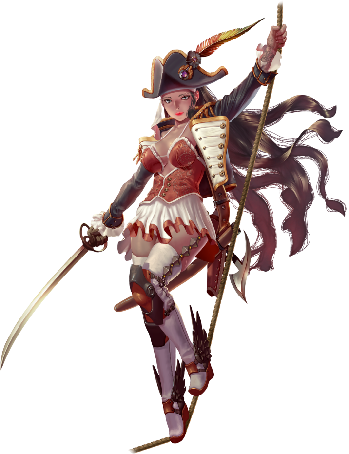crystal maiden (series), artist request, game cg, official art, variant set, 1girl, arm tattoo, breasts, brown hair, buttons, cleavage, dark skin, full body, gloves, hat, hat feather, holding, holding rope, holding sword, holding weapon, jackie (crystal maidens), long hair, long sleeves, pirate hat, rope, scabbard, sheath, shoes, skirt, solo, sword, tattoo, transparent background, weapon, winged shoes, wings