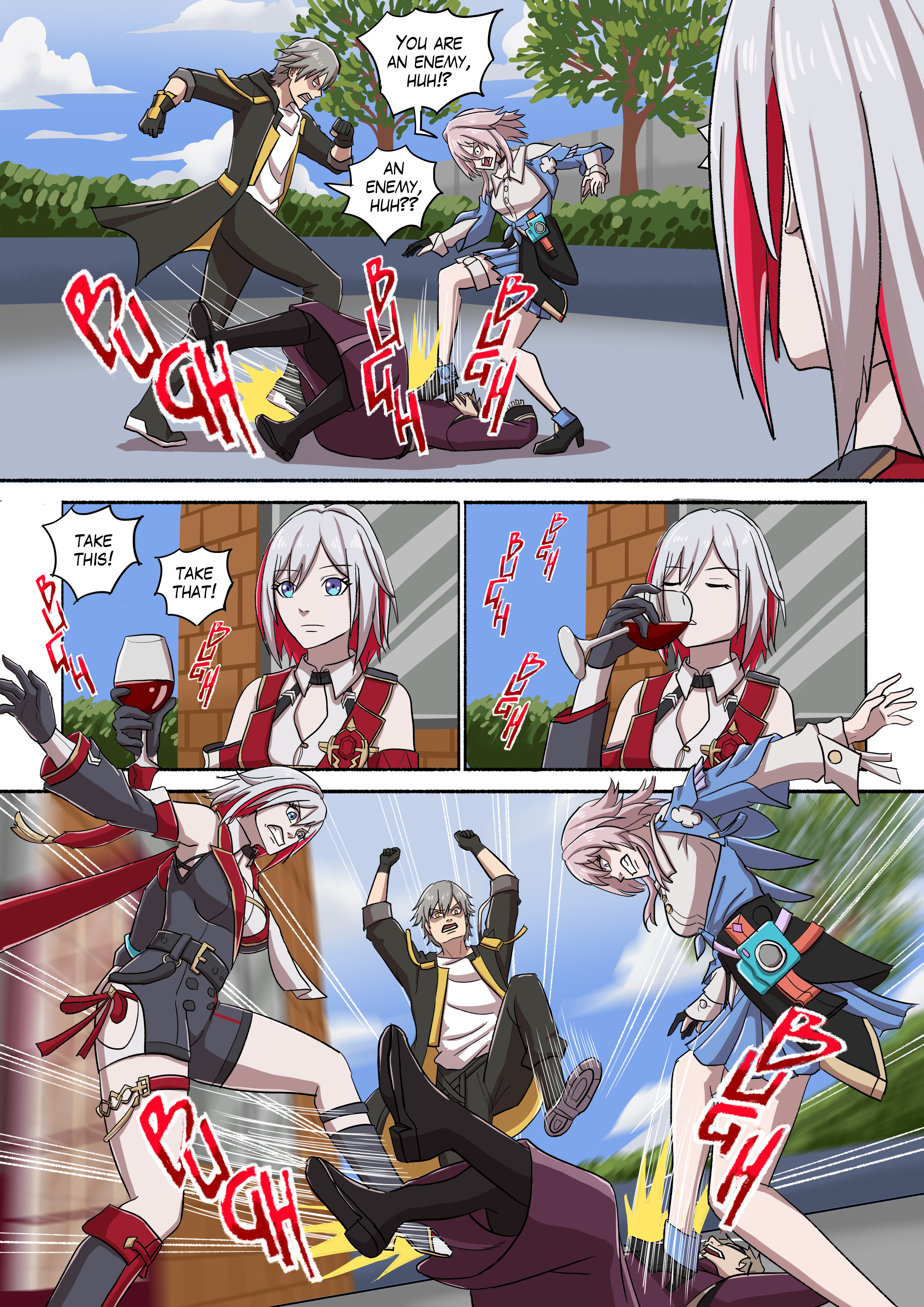 ivanshinoda, caelus (honkai: star rail), march 7th (honkai: star rail), skott (honkai: star rail), topaz (honkai: star rail), trailblazer (honkai: star rail), honkai: star rail, honkai (series), jojo no kimyou na bouken, absurdres, commentary, commission, english commentary, highres, 2boys, 2girls, alcohol, bare shoulders, black boots, black jacket, black pants, blue eyes, blue skirt, boots, breasts, brown hair, camera, chinese clothes, closed eyes, detached sleeves, english text, grey hair, jacket, kicking, large breasts, medium breasts, multicolored hair, multiple boys, multiple girls, open clothes, open jacket, pants, pink hair, red hair, short hair, skirt, stomping, tree, wine