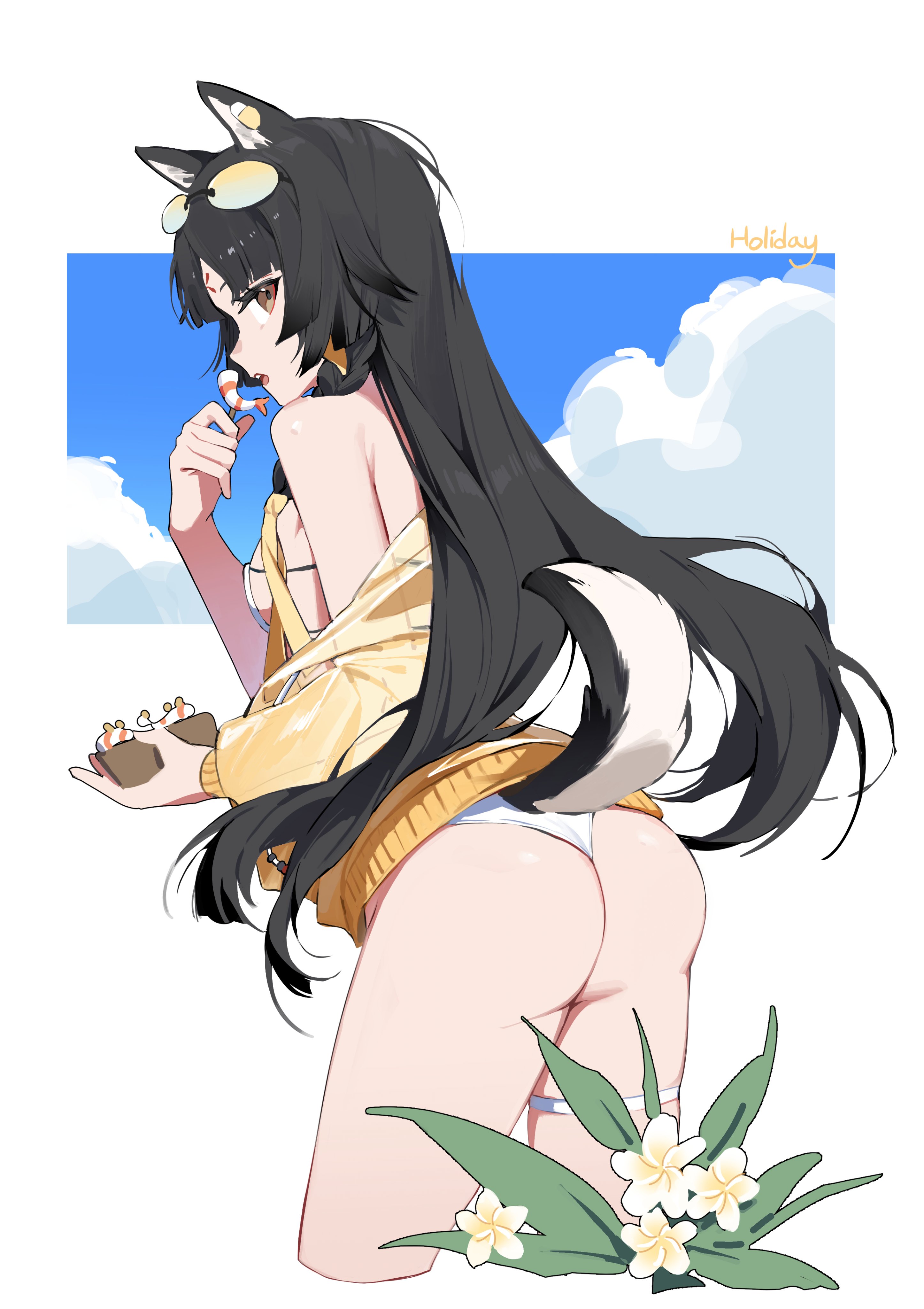 seizou hidzuke, saga (arknights), arknights, absurdres, hashtag-only commentary, highres, 1girl, animal ears, ass, bikini, black hair, black tail, braid, brown eyes, cropped legs, eyewear on head, facial mark, flower, food, forehead mark, hair ribbon, holding, holding food, jacket, long hair, long sleeves, looking at viewer, off shoulder, open mouth, profile, ribbon, solo, standing, swimsuit, tail, tinted eyewear, white bikini, white flower, white tail, yellow-tinted eyewear, yellow flower, yellow jacket, yellow ribbon