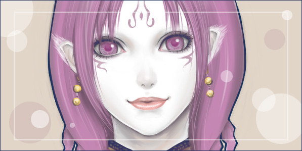 da ji, musou orochi, 1girl, animal ears, close-up, earrings, elf, female focus, jewelry, lips, looking at viewer, pale skin, pointy ears, portrait, purple eyes, purple hair, short hair, smile, solo, tattoo, upper body