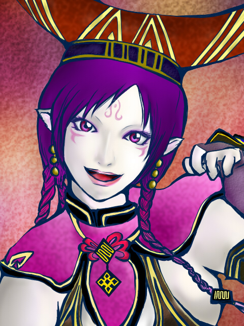 da ji, musou orochi, 1girl, breasts, bridal gauntlets, collar, earrings, female focus, head tilt, jewelry, looking at viewer, pale skin, pointy ears, purple eyes, purple hair, shoulder pads, solo, tattoo
