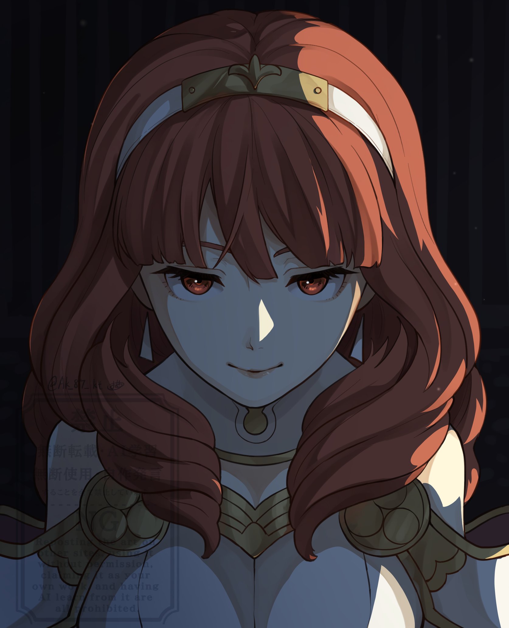 ak 87 kt, celica (fire emblem), fire emblem, fire emblem echoes: shadows of valentia, nintendo, highres, 1girl, armor, bare shoulders, breasts, cleavage, closed mouth, dress, earrings, hairband, jewelry, large breasts, long hair, looking at viewer, orange eyes, orange hair, red eyes, red hair, simple background, smile, solo, upper body, white armor, white dress