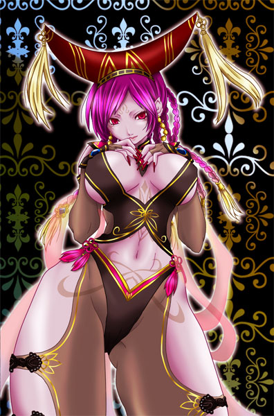 da ji, musou orochi, 1girl, female focus, hat, nail polish, purple hair, red eyes, red nails, solo