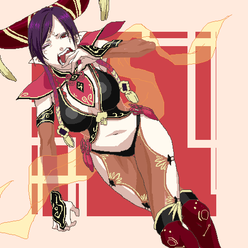 castella, da ji, musou orochi, lowres, 1girl, black panties, female focus, half-closed eyes, hat, looking at viewer, midriff, navel, oekaki, panties, purple eyes, purple hair, short hair, solo, standing, stomach, tassel, underwear, yawning