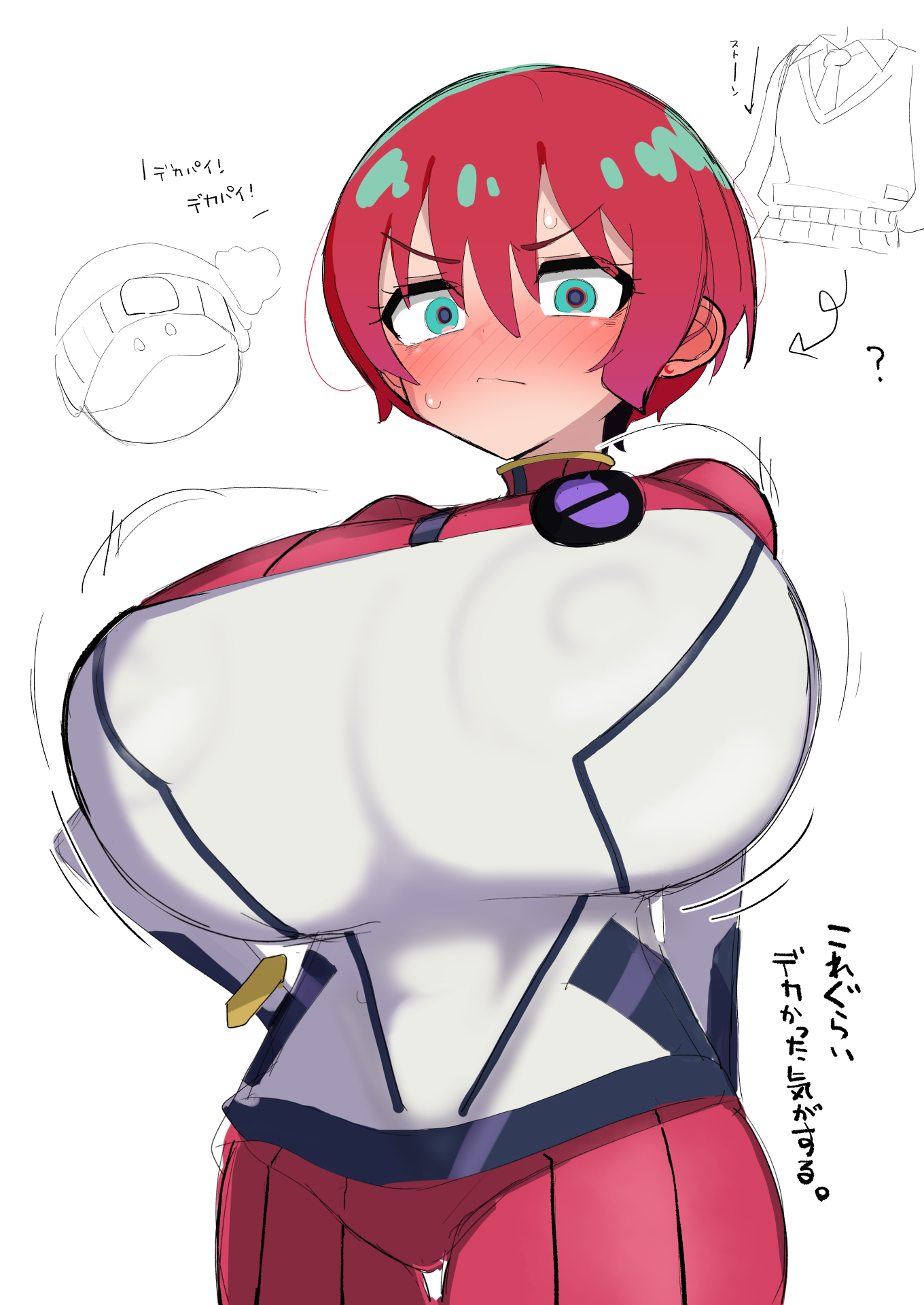 sintaro okabe, amate yuzuriha, haro, gundam, gundam gquuuuuux, highres, 1girl, alternate breast size (larger), blush, bodysuit, breasts, embarrassed, gigantic breasts, mecha pilot suit, motion lines, nipples, red hair, short hair