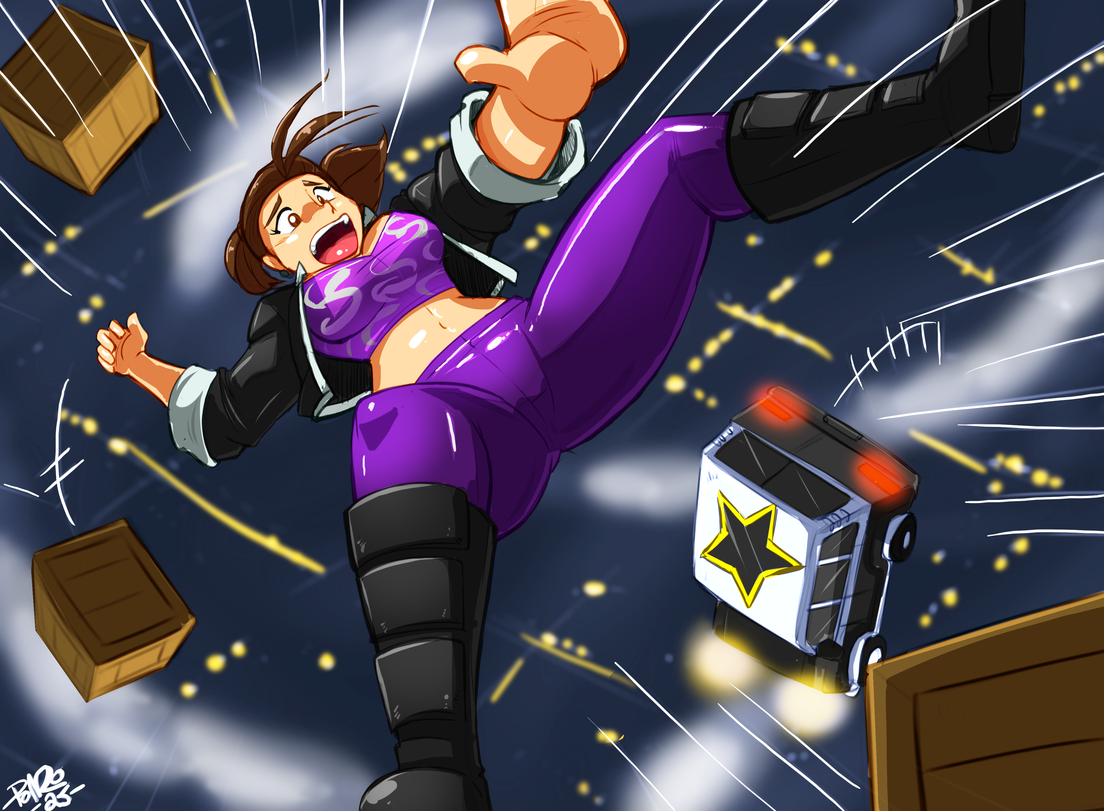 shonuff44, shaundi, saints row, saints row: the third, absurdres, highres, 1girl, black boots, boots, breasts, brown eyes, brown hair, car, city, crop top, cropped jacket, falling, jacket, midriff, motor vehicle, navel, open mouth, pants, ponytail, purple pants, solo, thighs, tongue, wooden box