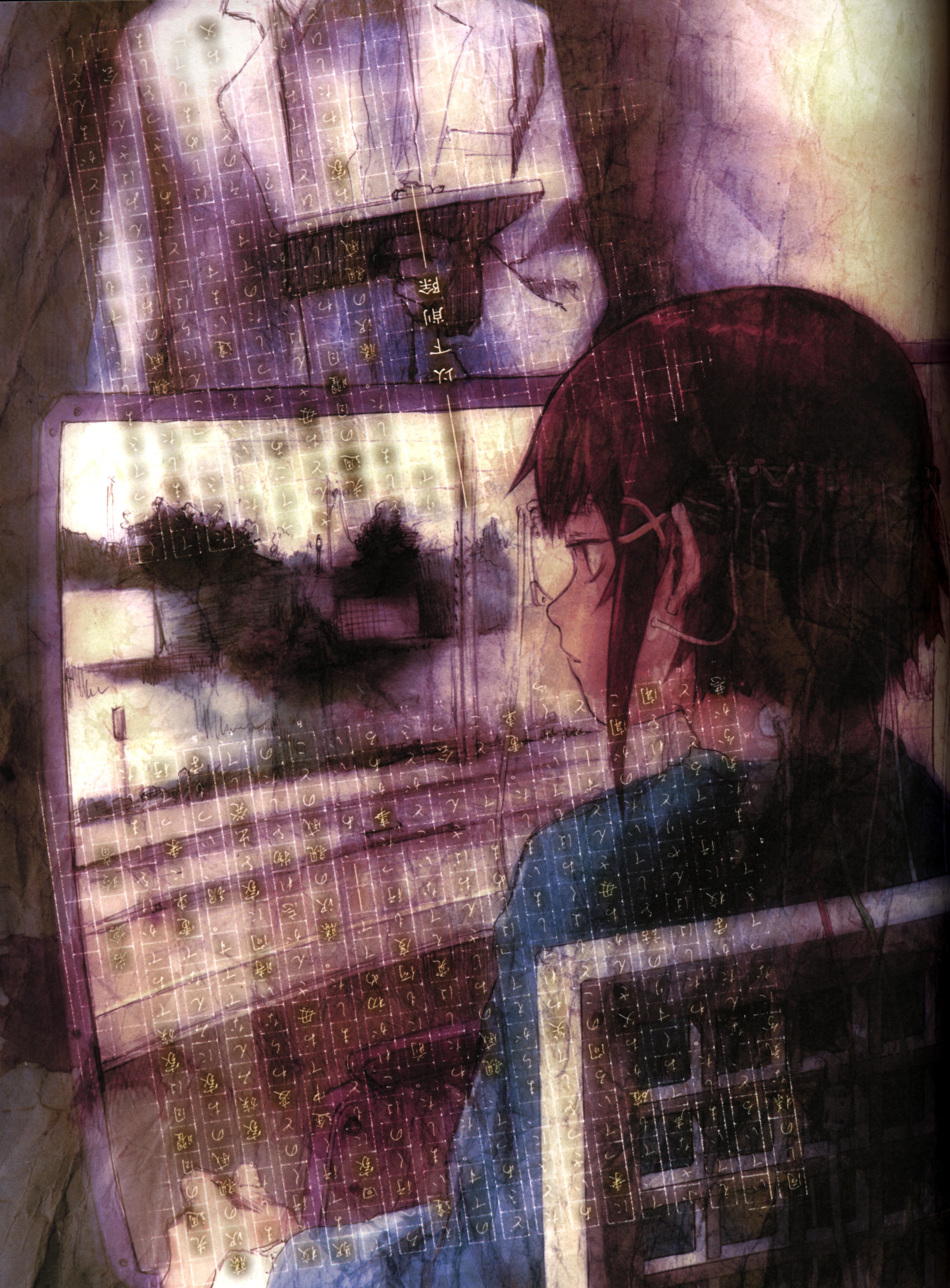 abe yoshitoshi, iwakura lain, serial experiments lain, absurdres, artbook, highres, official art, scan, 1990s (style), 1girl, 1other, brown hair, female focus, hair ornament, hairclip, retro artstyle, sitting, solo, standing