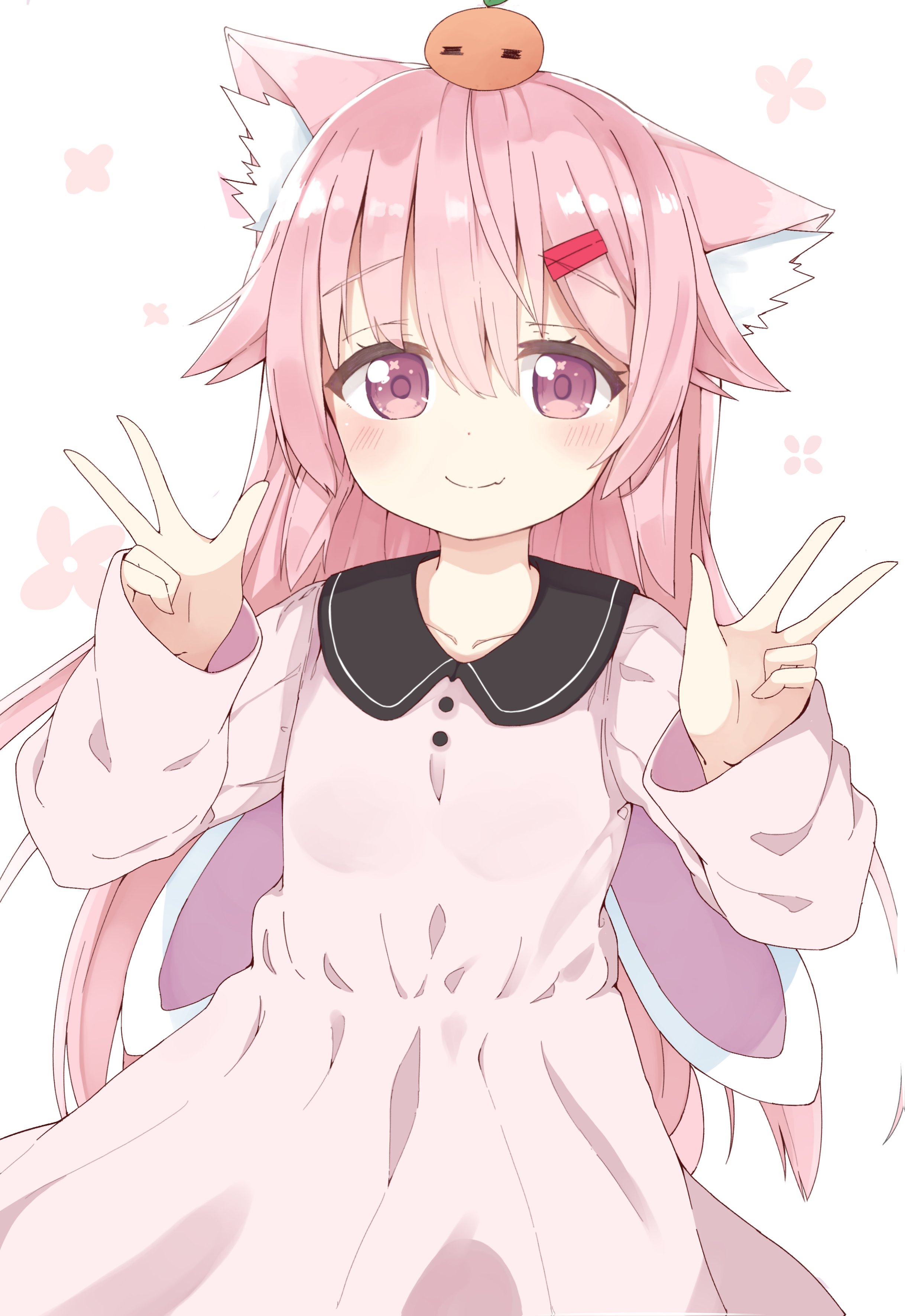 okota mikan, original, absurdres, commentary request, highres, 1girl, animal ear fluff, animal ears, closed mouth, collarbone, collared dress, double w, dress, fang, fang out, floral background, hair between eyes, hair ornament, hairclip, hands up, long hair, long sleeves, on head, pink dress, pink hair, purple eyes, simple background, sleeves past wrists, smile, solo, very long hair, w, white background