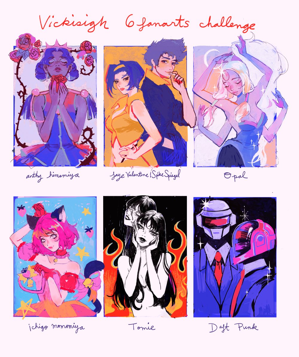 vicki tsai, faye valentine, guy-manuel de homem-christo, himemiya anthy, kawakami tomie, momomiya ichigo, opal (steven universe), spike spiegel, thomas bangalter, tomie, cowboy bebop, daft punk, real life, shoujo kakumei utena, steven universe, tokyo mew mew, commentary, english commentary, 3boys, 5girls, artist name, blue hair, character name, cigarette, closed eyes, crown, detached sleeves, double bun, dress, earrings, epaulettes, extra arms, fire, flower, food, formal clothes, fruit, glasses, hair bun, hair tubes, hand in pocket, helmet, holding, holding cigarette, jewelry, long hair, looking at viewer, medium hair, moon, multiple boys, multiple drawing challenge, multiple girls, necktie, pink dress, pink hair, puffy short sleeves, puffy sleeves, red necktie, rose, shirt, short hair, short sleeves, six fanarts challenge, sparkle, strawberry, suit, tail, very long hair, white hair, yellow shirt