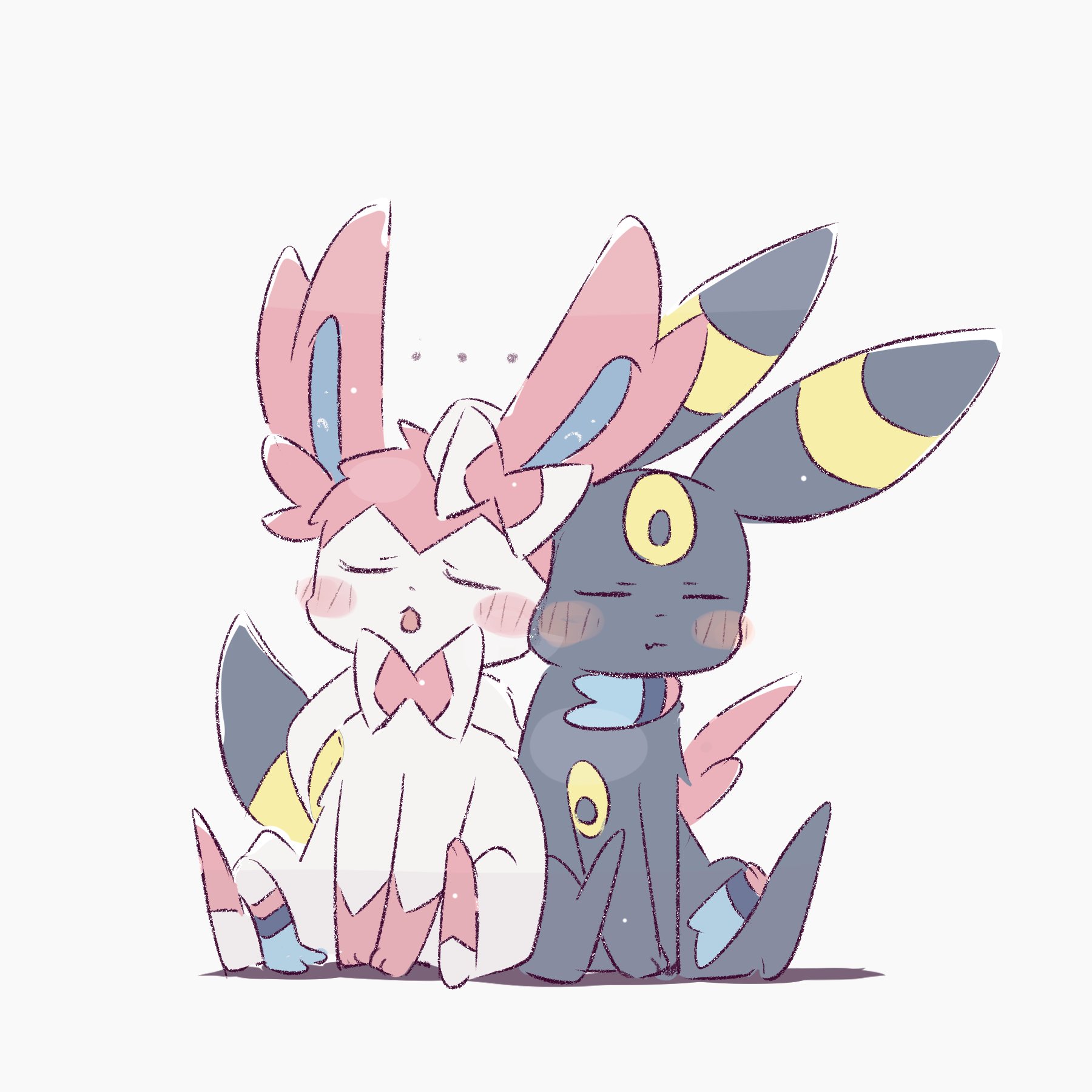 foznya, sylveon, umbreon, nintendo, pokemon, highres, animal focus, black fur, blush, bow, closed eyes, closed mouth, full body, gen 2 pokemon, gen 6 pokemon, no humans, open mouth, pink fur, pokemon (creature), pokemon focus, ribbon, simple background, tail, two-tone fur, white background, white fur