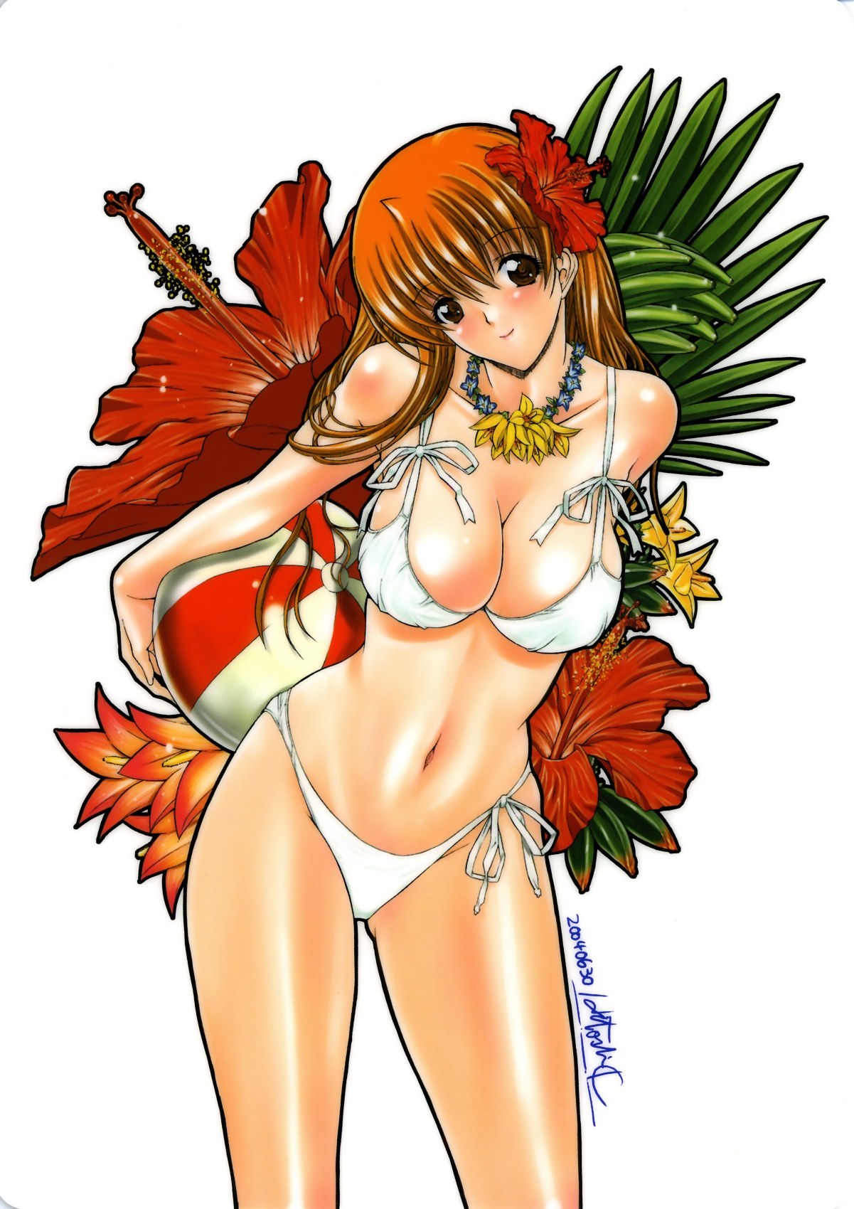 kino hitoshi, highres, 00s, 1girl, 2004, ball, beachball, bent over, bikini, blush, breasts, brown eyes, cleavage, cowboy shot, dated, female focus, floral background, flower, flower necklace, hair flower, hair ornament, head tilt, hibiscus, jewelry, large breasts, long hair, looking at viewer, navel, necklace, orange hair, red hair, side-tie bikini bottom, smile, solo, swimsuit, white bikini