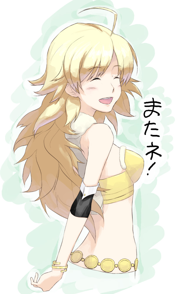 tanaka hajime(artist), tanaka hajime (artist), hoshii miki, idolmaster, idolmaster (classic), idolmaster 1, bad id, bad pixiv id, 00s, 1girl, ahoge, blonde hair, closed eyes, female focus, long hair, open mouth, solo, teeth
