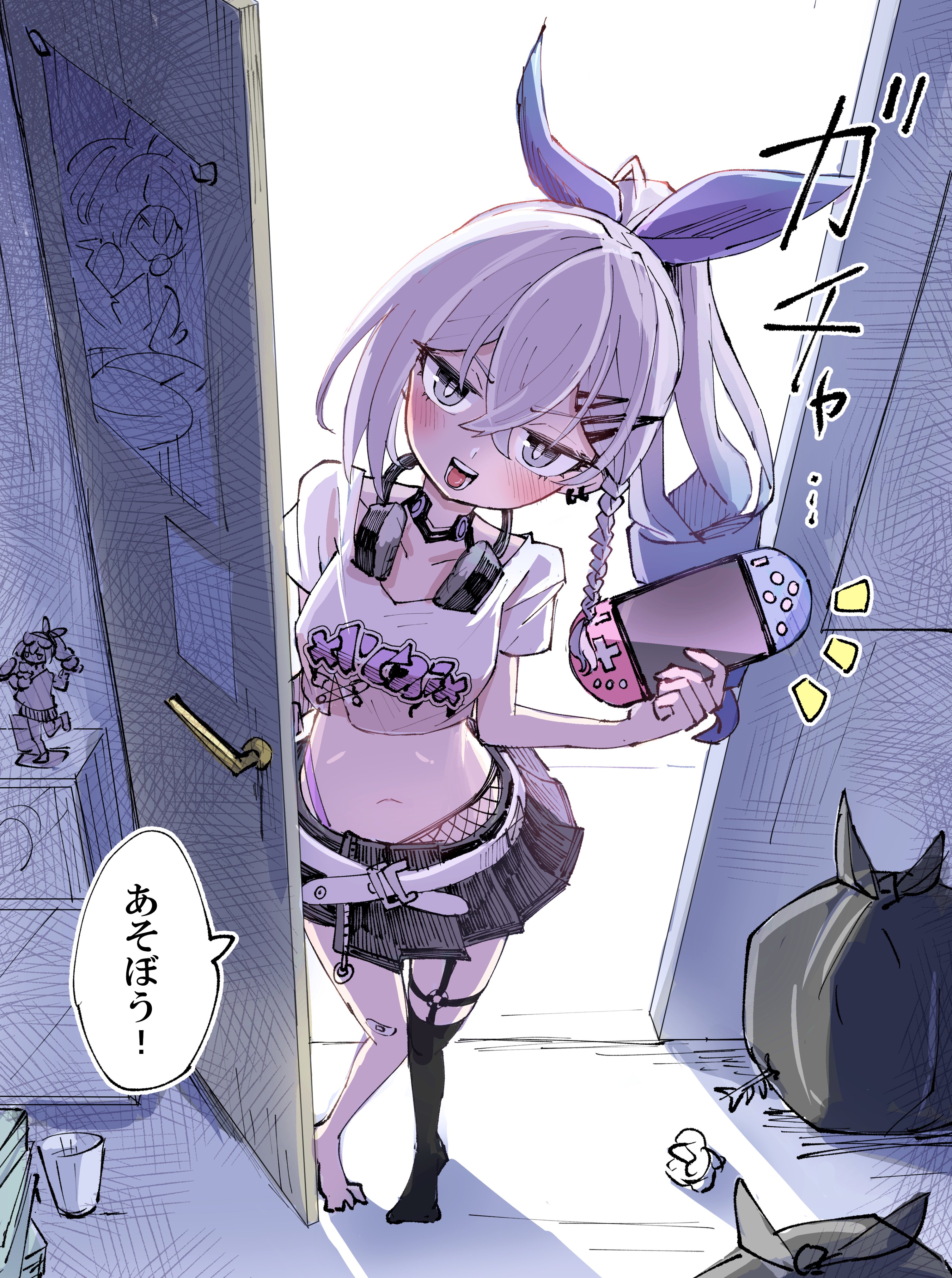 6sakuu, silver wolf (honkai: star rail), silver wolf (samsung) (honkai: star rail), honkai: star rail, honkai (series), absurdres, highres, 1girl, black choker, black skirt, black thighhighs, blush, breasts, choker, cropped shirt, doorway, hair ornament, hairpin, handheld game console, headphones, headphones around neck, holding, holding handheld game console, looking at viewer, medium breasts, medium hair, nintendo switch, official alternate costume, open mouth, shirt, skirt, smile, solo, teeth, thighhighs, tongue, tongue out, trash bag, upper teeth only, white hair, white shirt