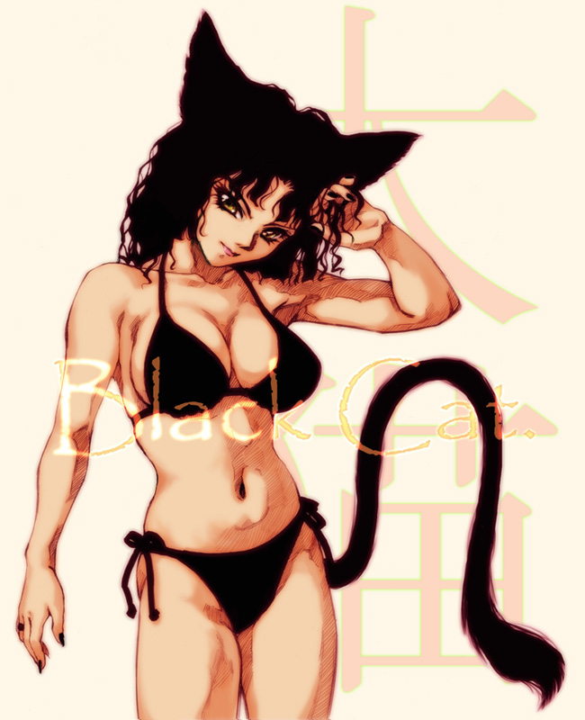 hisahiko, 1girl, animal ears, bikini, black bikini, black hair, black nails, breasts, cat ears, cat tail, female focus, large breasts, nail polish, side-tie bikini bottom, solo, swimsuit, tail, yellow eyes